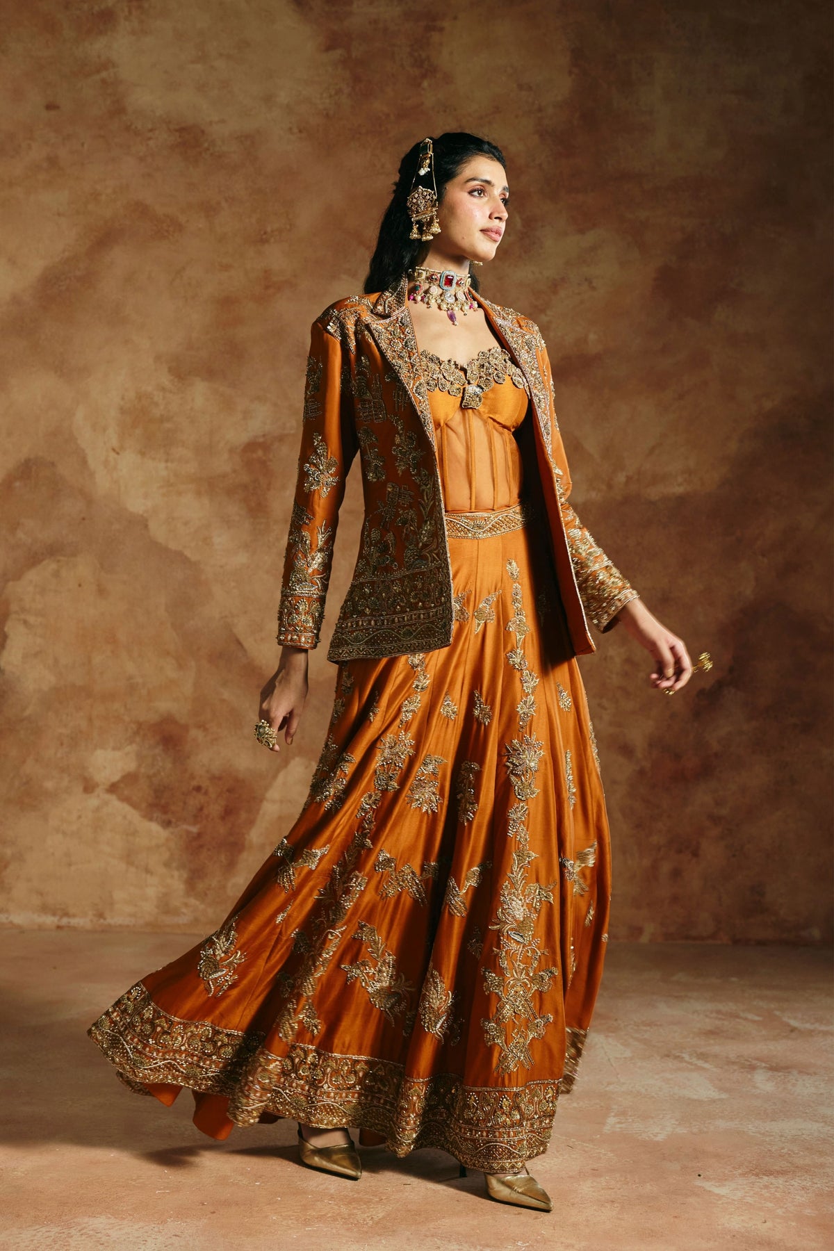 Orange Zardozi Sindh Jacket Set