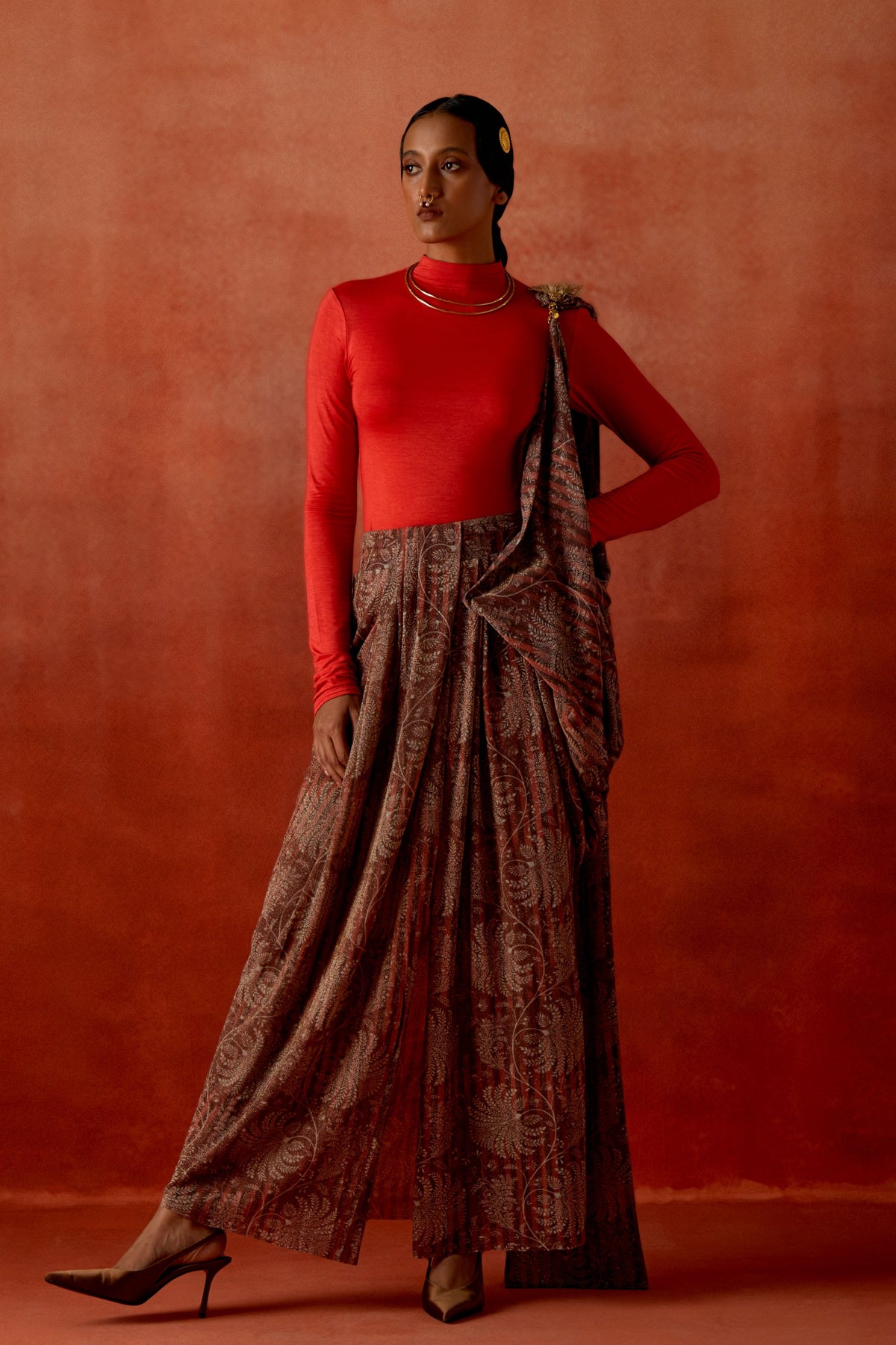 Wine Draped Sari Ensemble