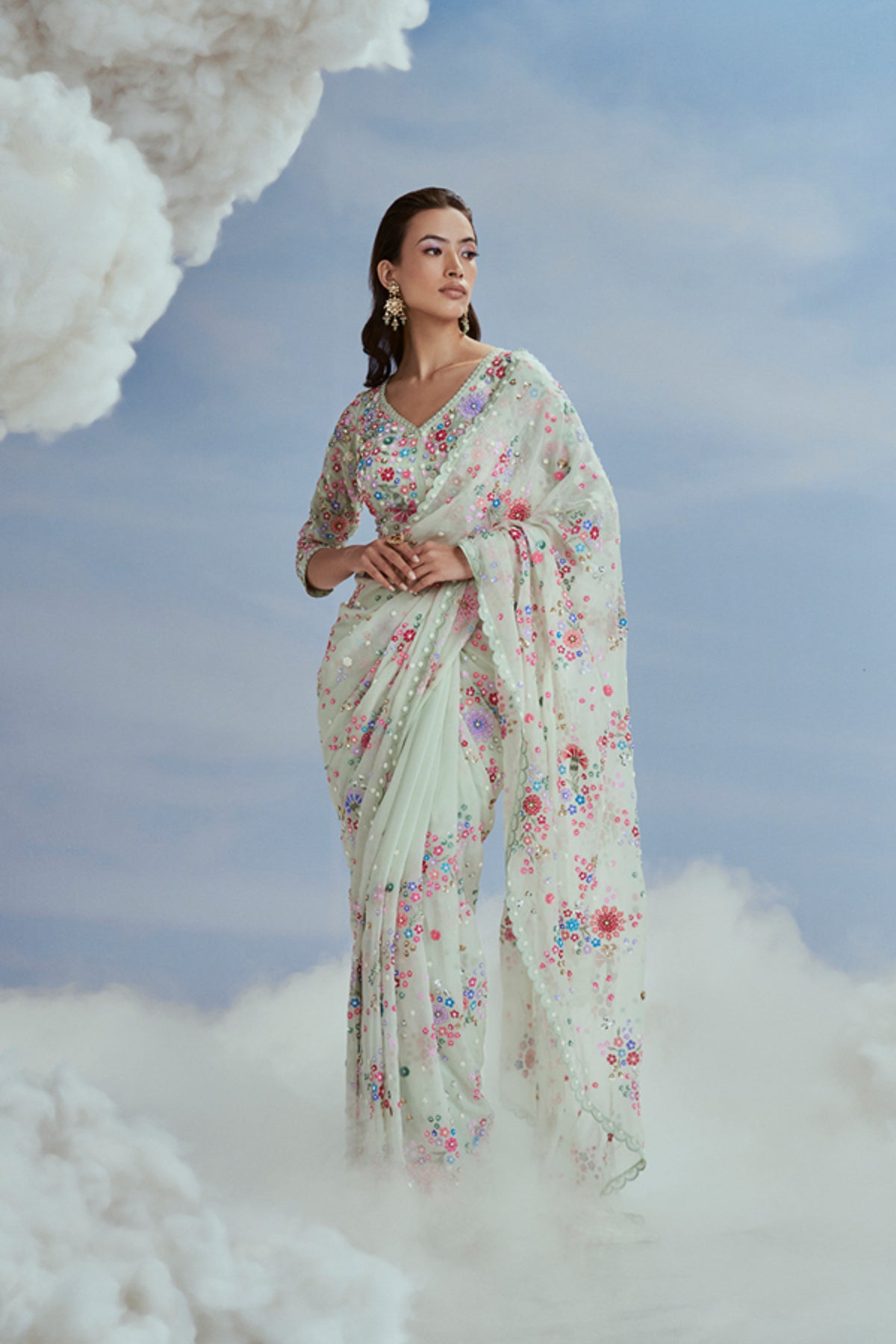 Mint Izmir Carnations Saree Set