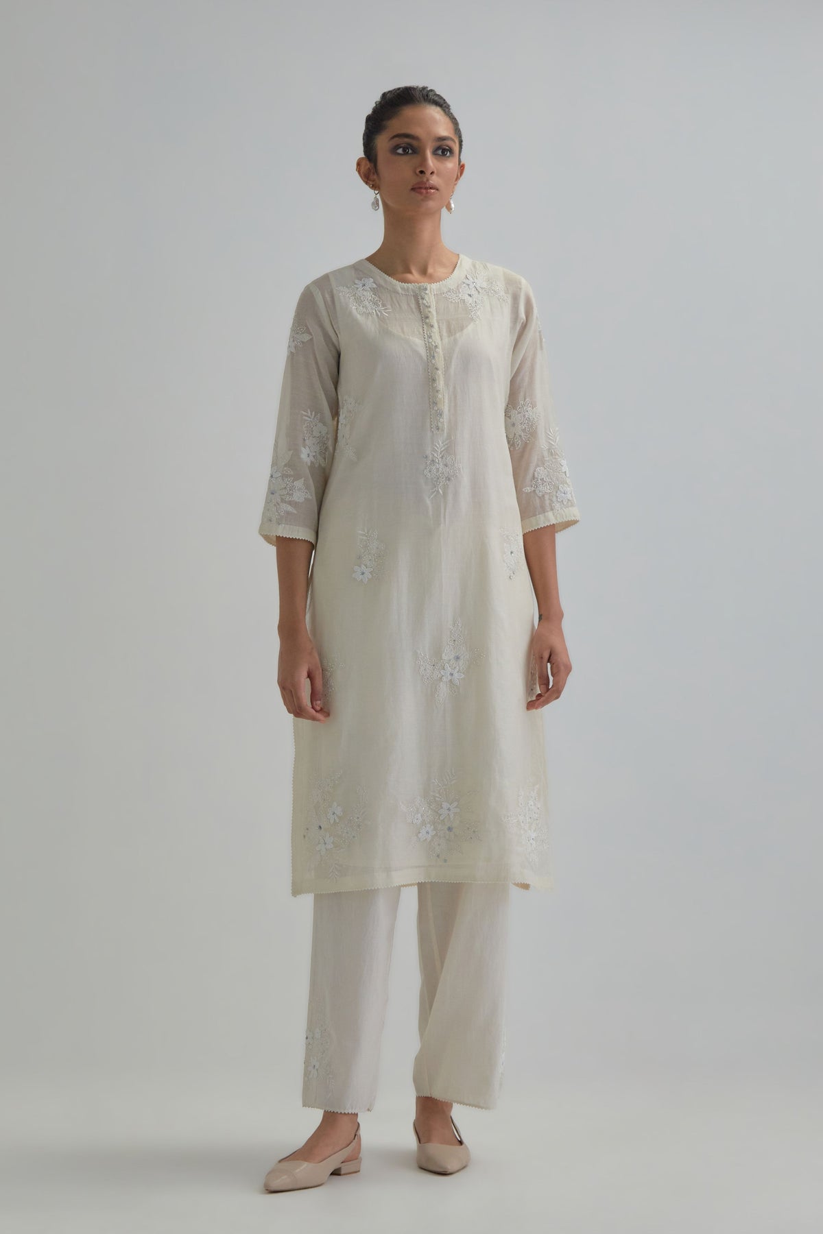 Off White Beaded Kurta And Pants