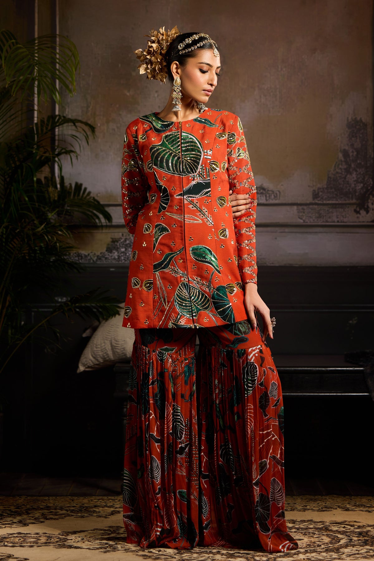 Rust Printed Jacket Set