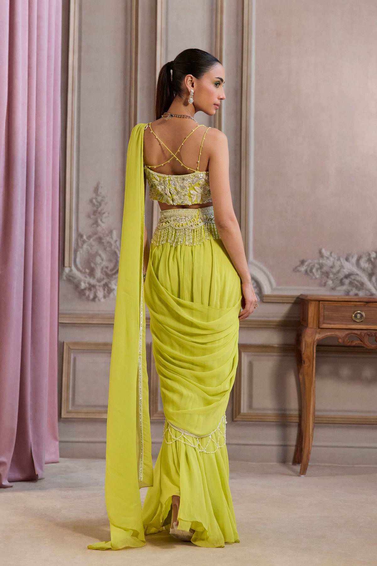 Neon Green Pre-draped Saree Set