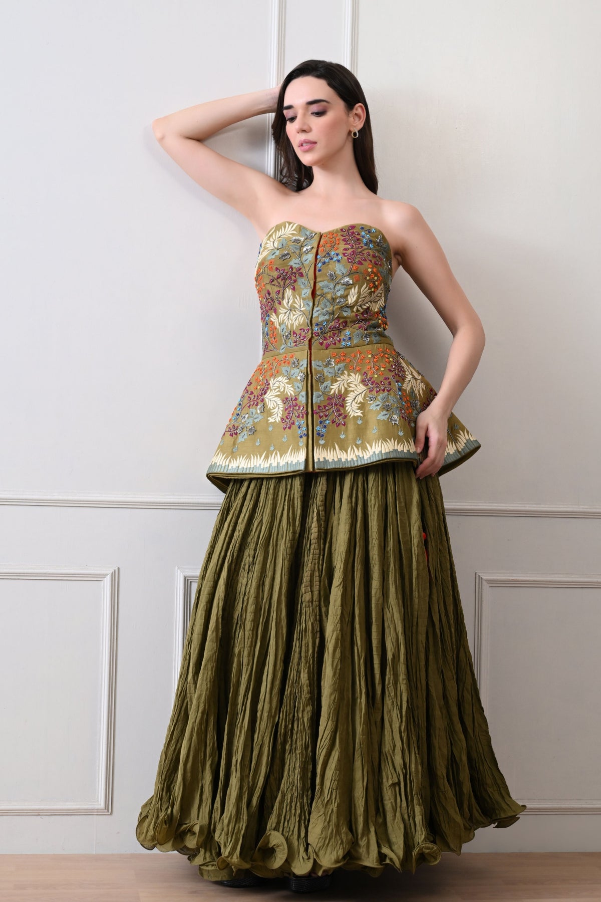 Olive Strapless Peplum Skirt Set