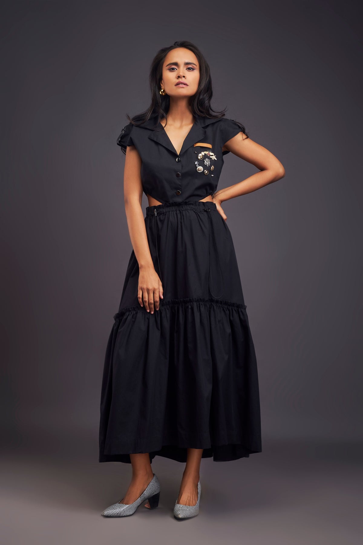 Lapel Collar Black Long Dress