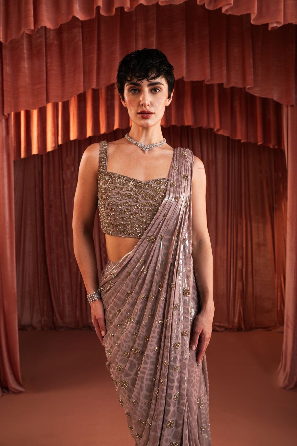 Pink Sequin Metallic Draped Saree Set