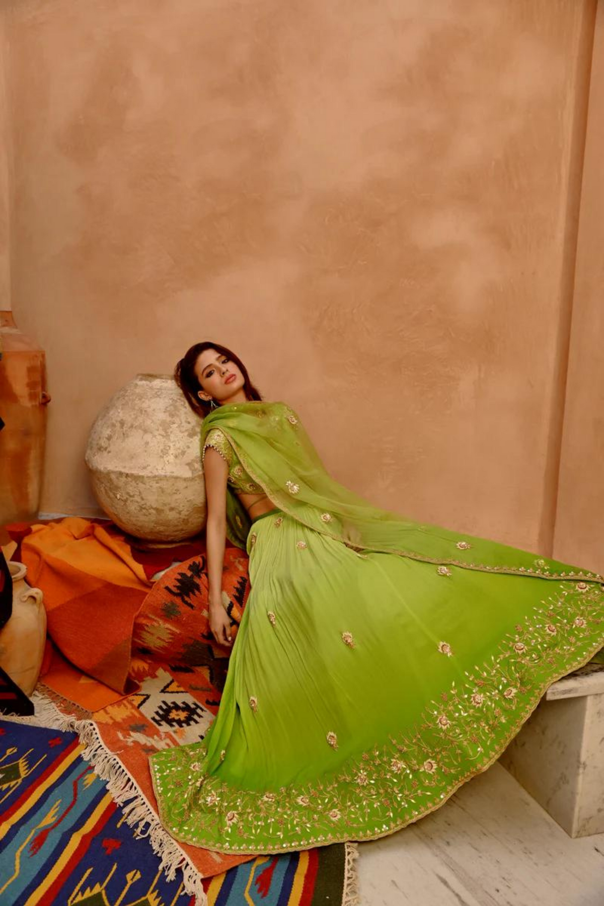 Green Ombre Ruched Lehenga Set