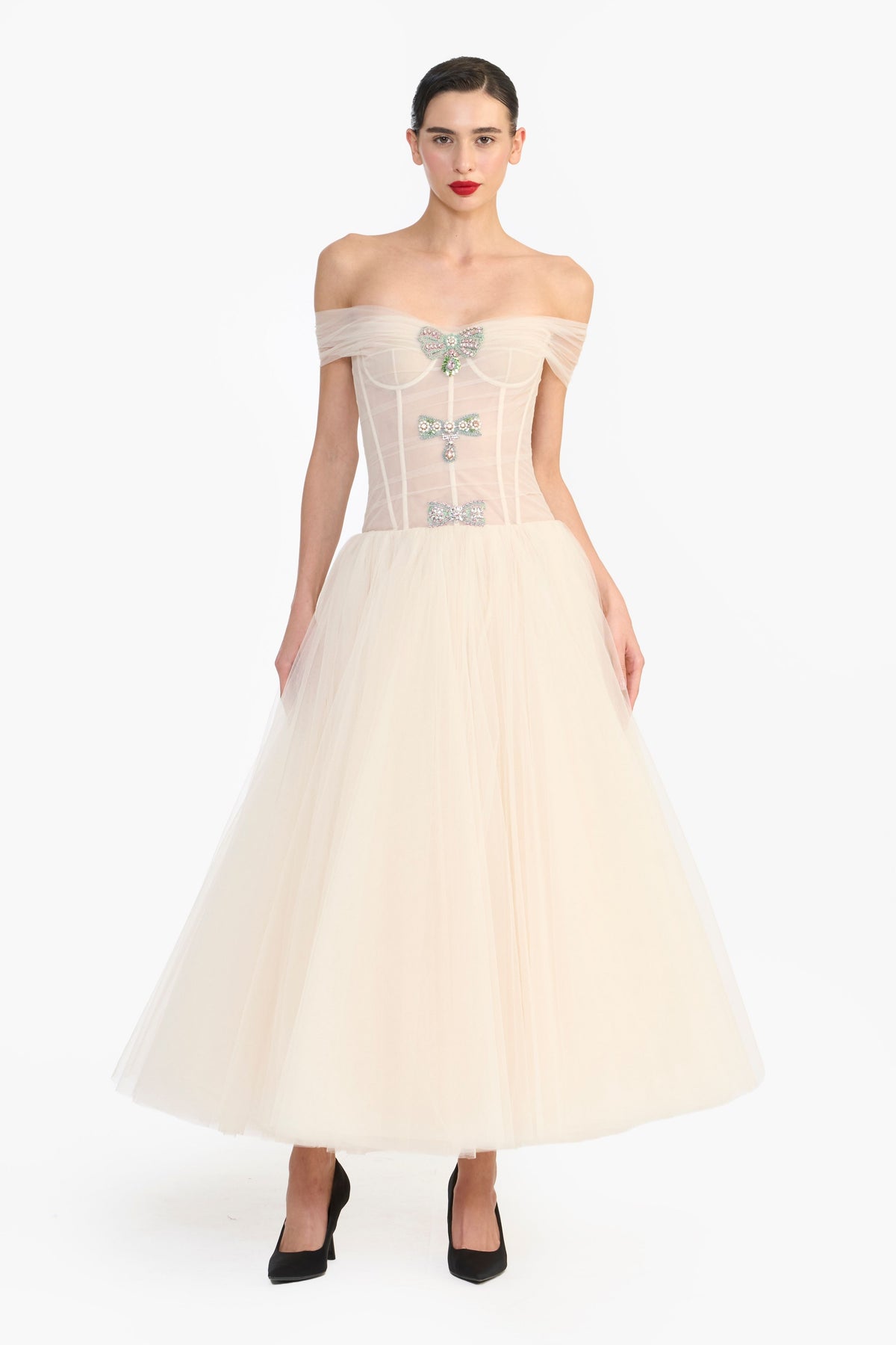 Off Shoulder Crystal Bow Midi