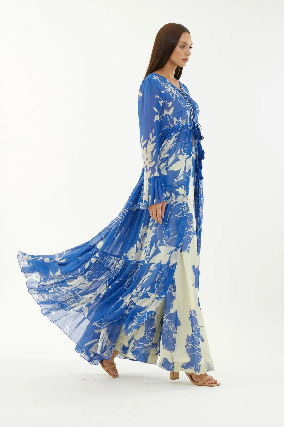 Blue And White Floral Three Layer Front Open Cape