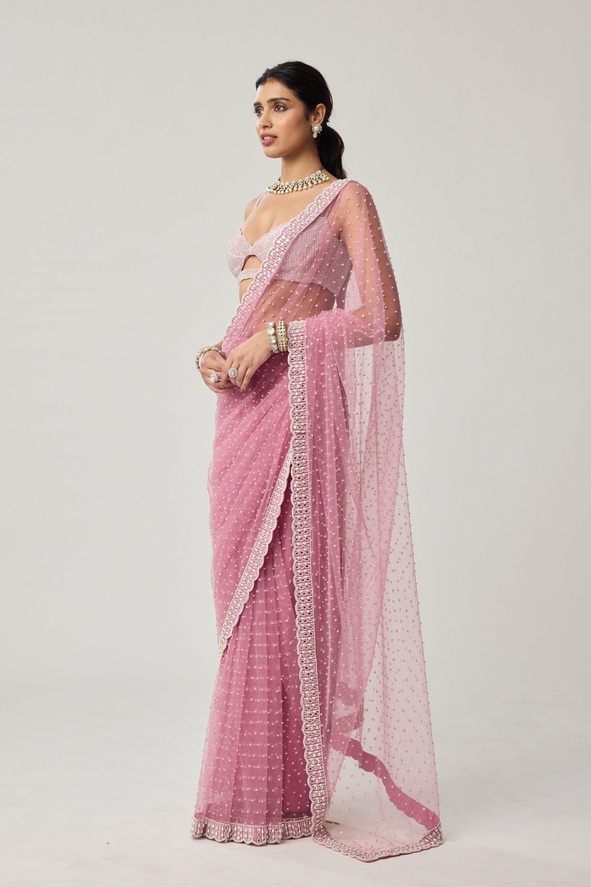 Onion Pink Net Saree Set