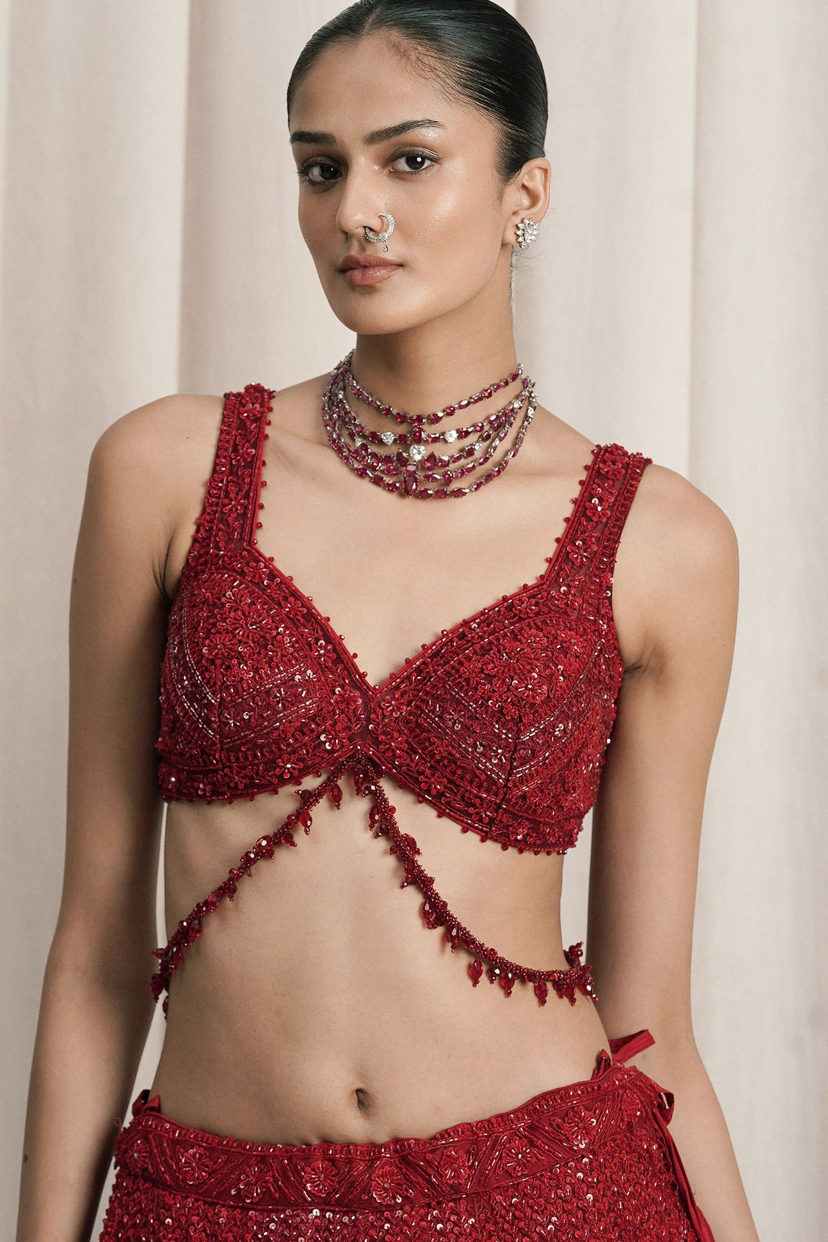 Red Crystal Embroidered Lehenga Set