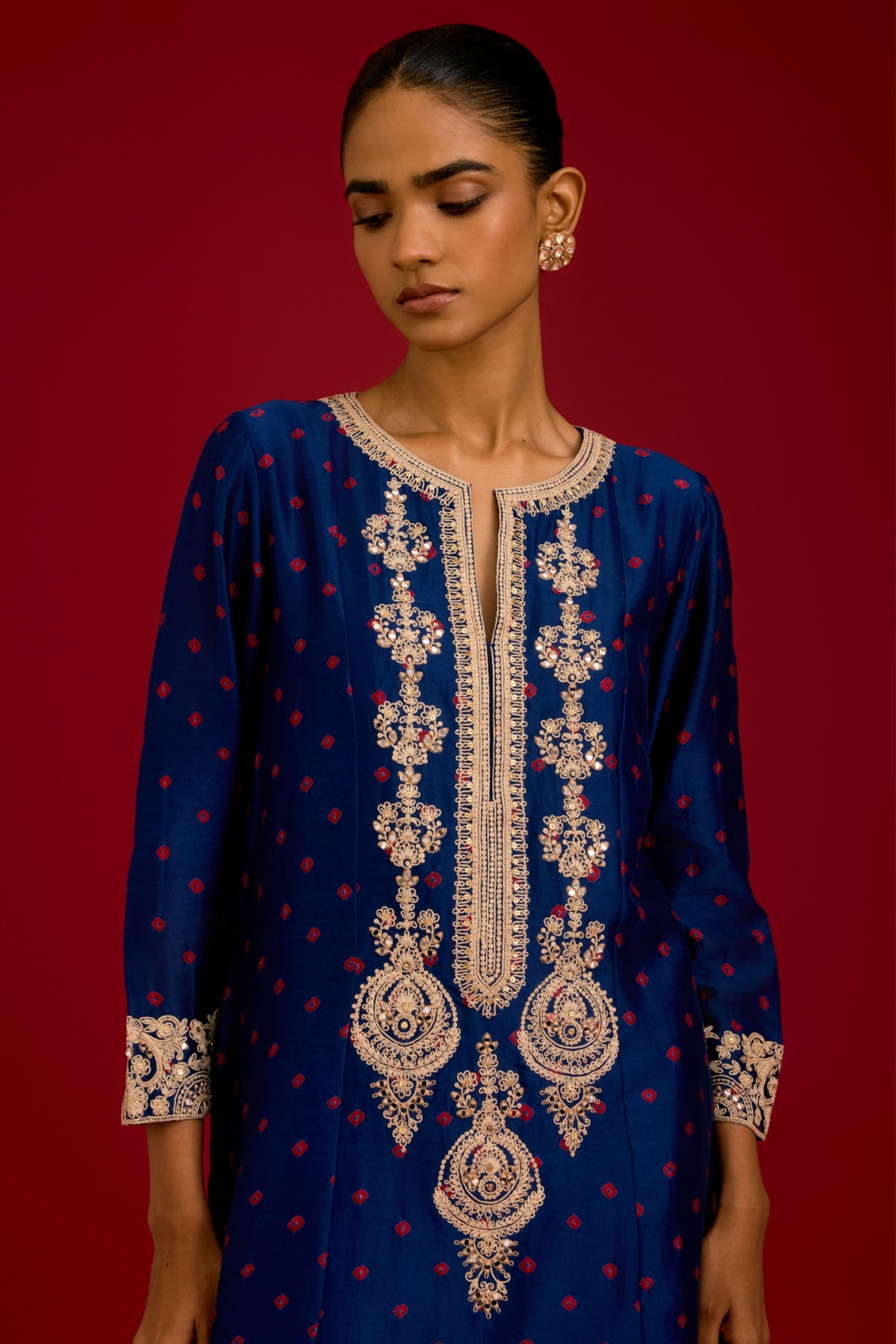 Navy Bhandhej Sequins Kurta Set