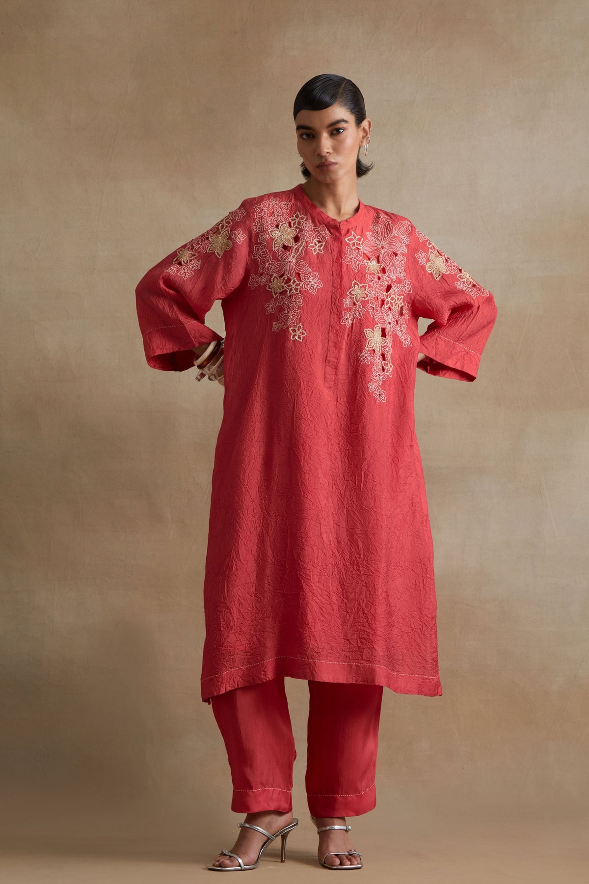 Tomato Floral Embroidered Kurta Set