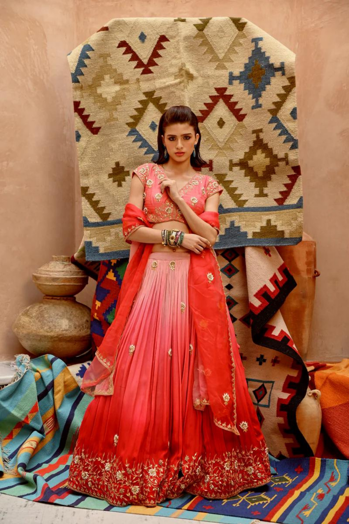 Red and Coral Ombre Lehenga Set