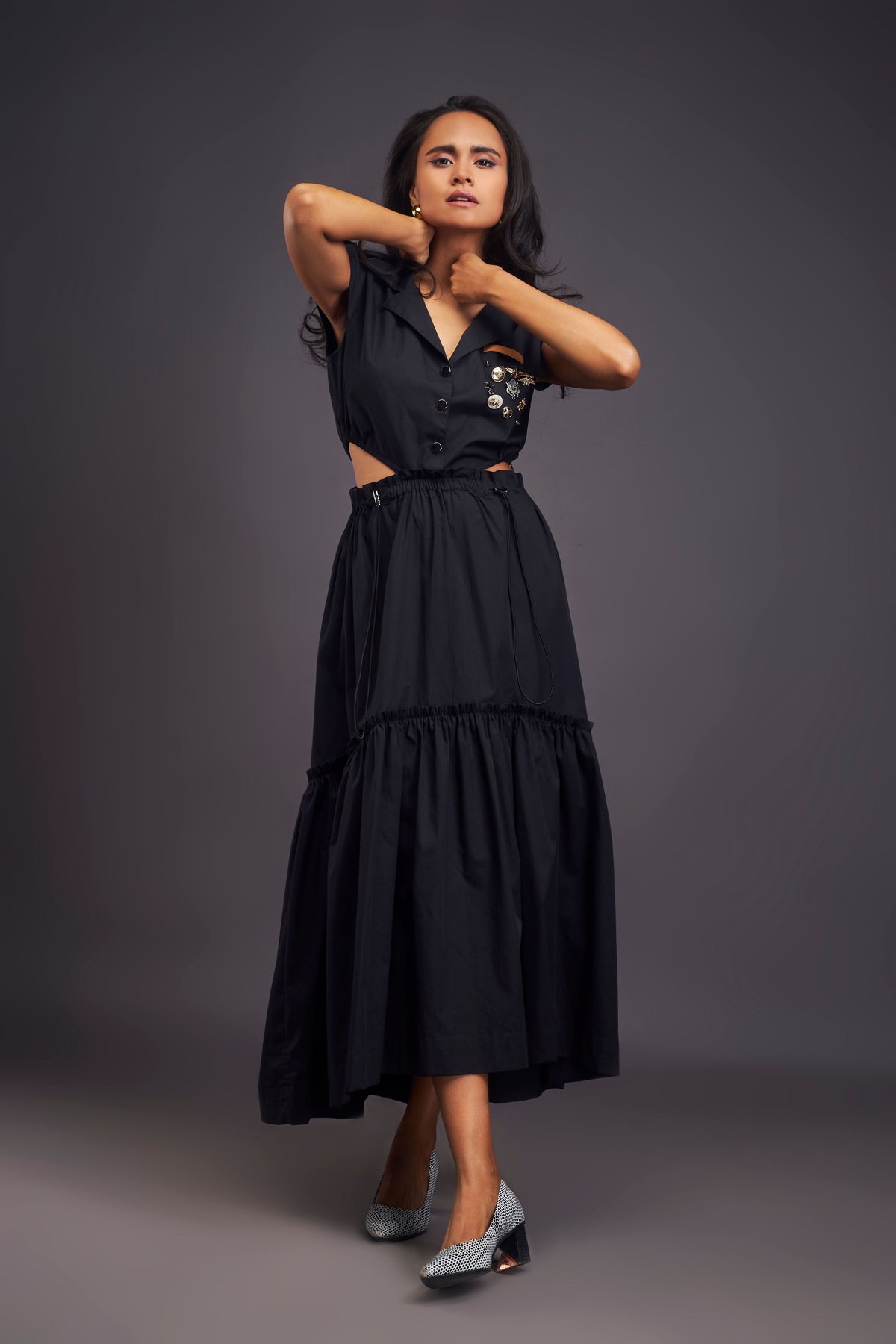 Lapel Collar Black Long Dress