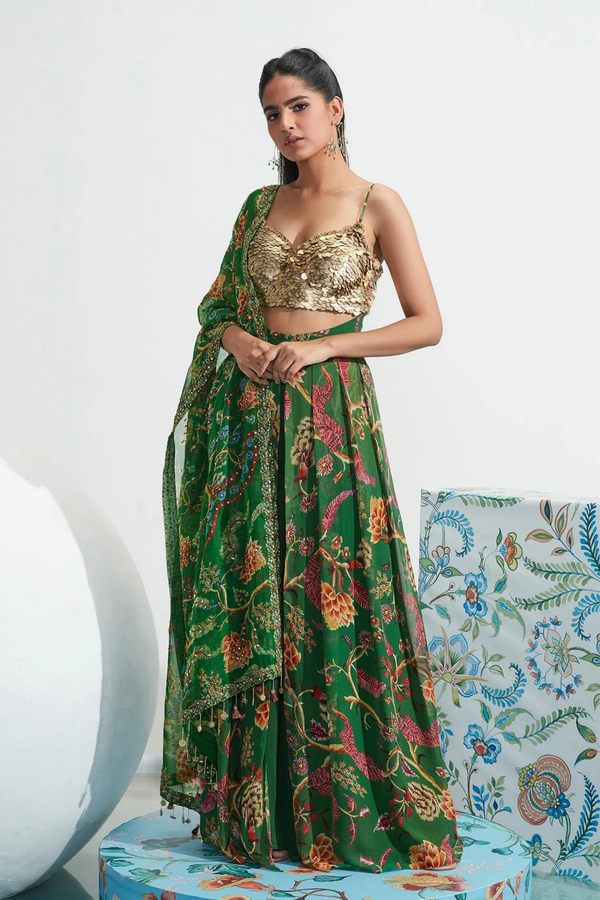 Sahar Green Embroidered Pant Set
