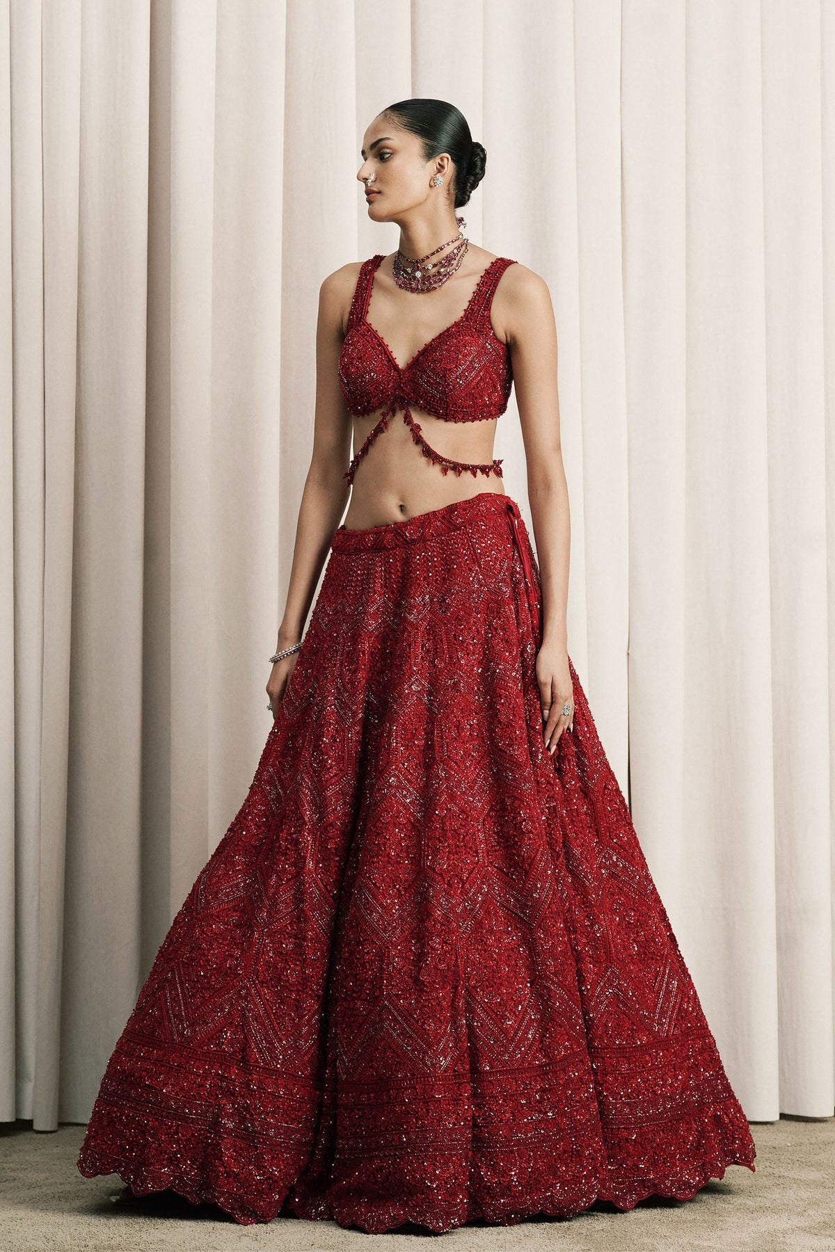 Red Crystal Embroidered Lehenga Set