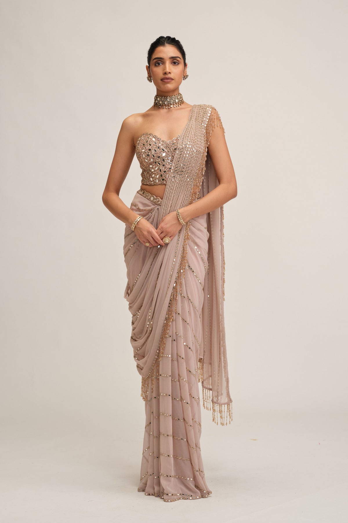 Ash Embroidered Saree Set