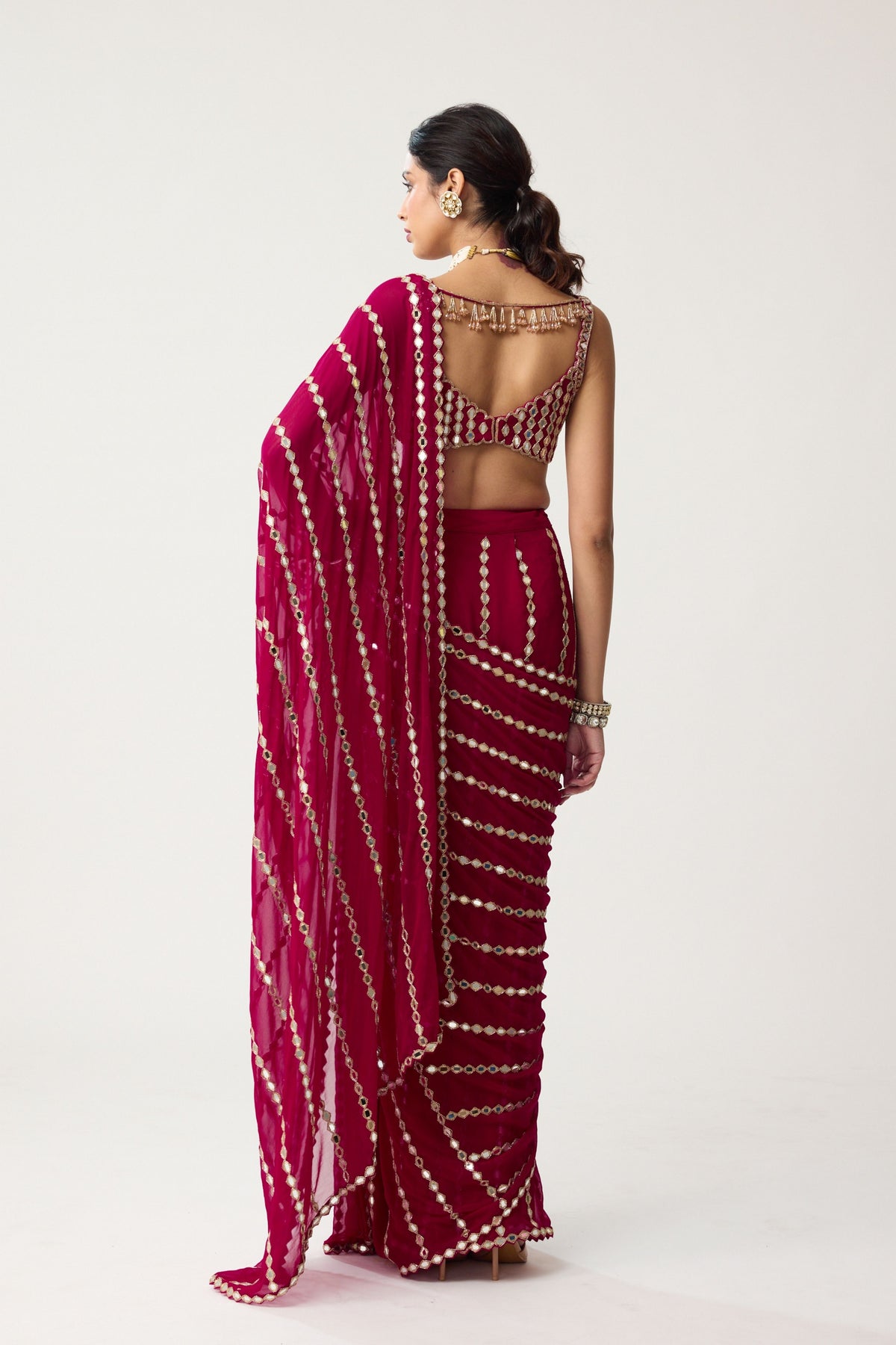 Ruby Red Draped Saree Set
