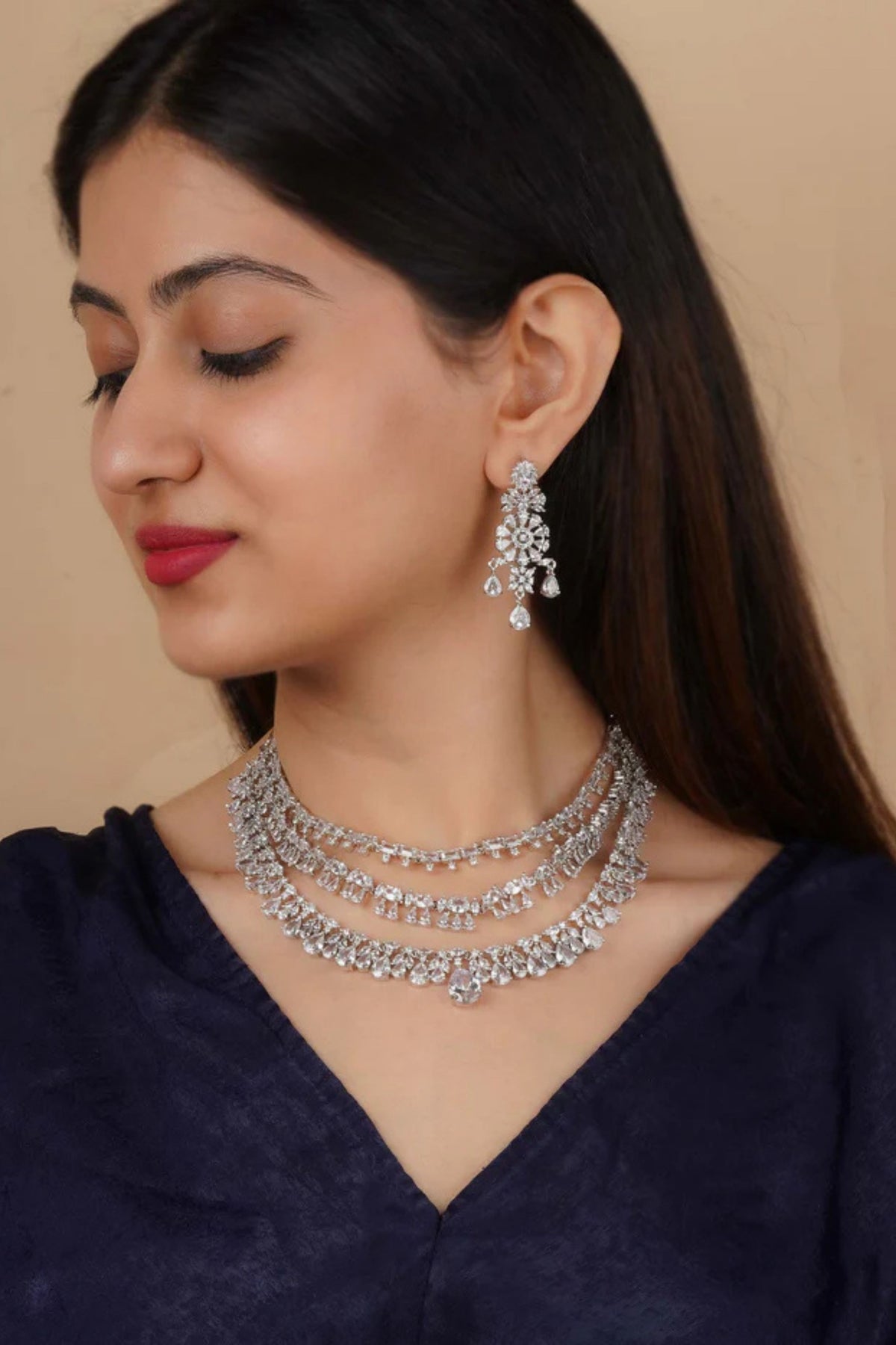 Silver Plated Diamond Necklace Set
