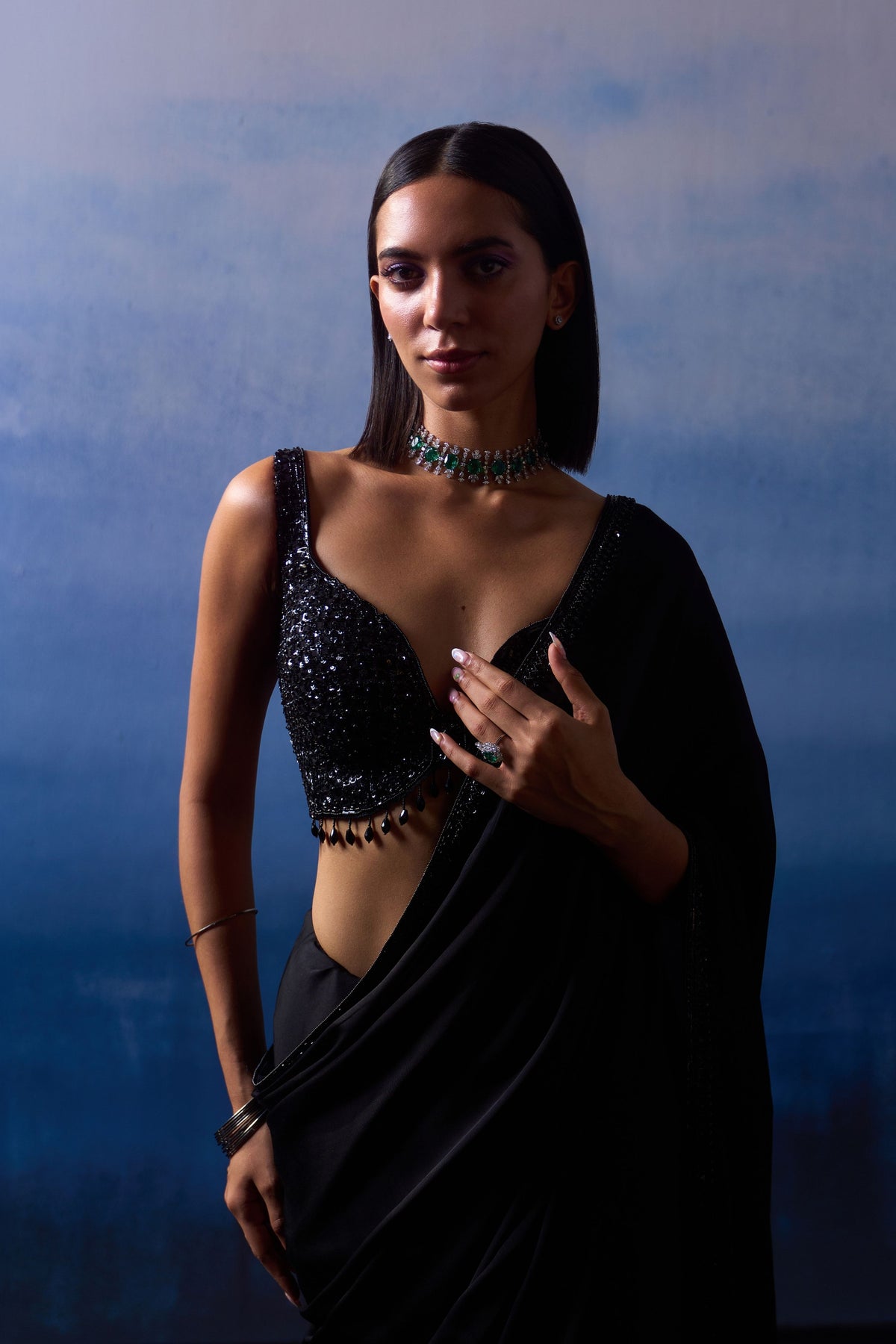Black Satin Saree Set