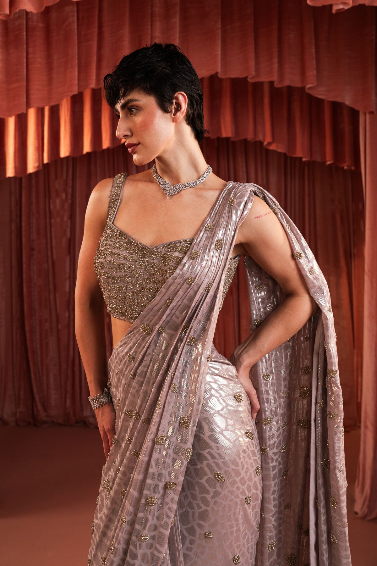 Pink Sequin Metallic Draped Saree Set