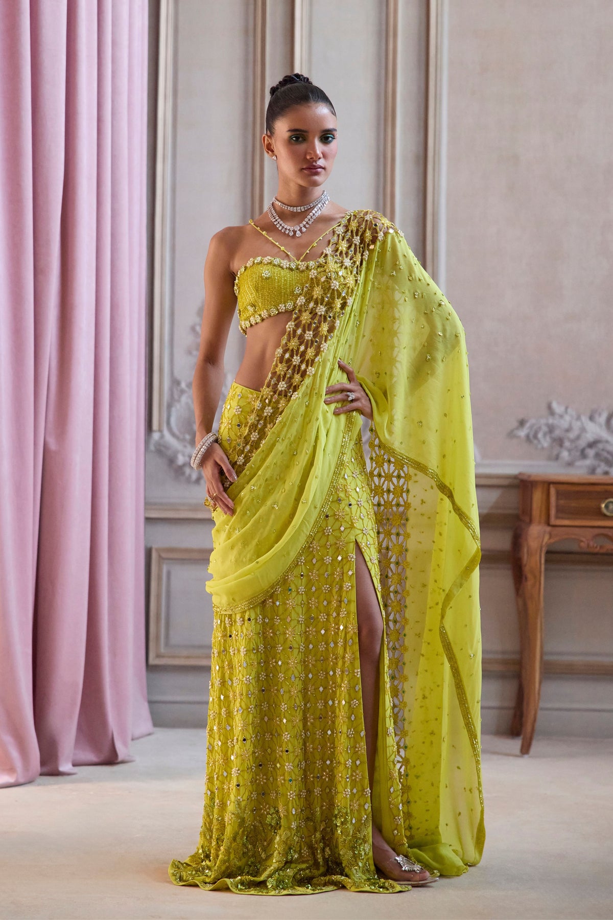 Neon Green Slit Saree Set