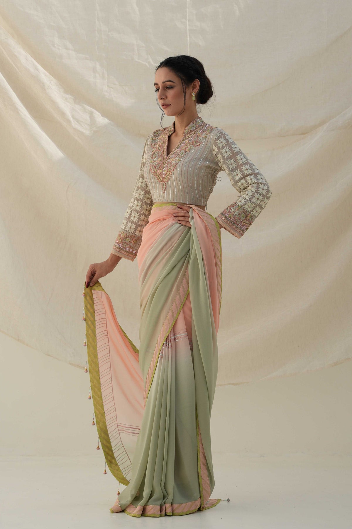 Pista Green Saree Set