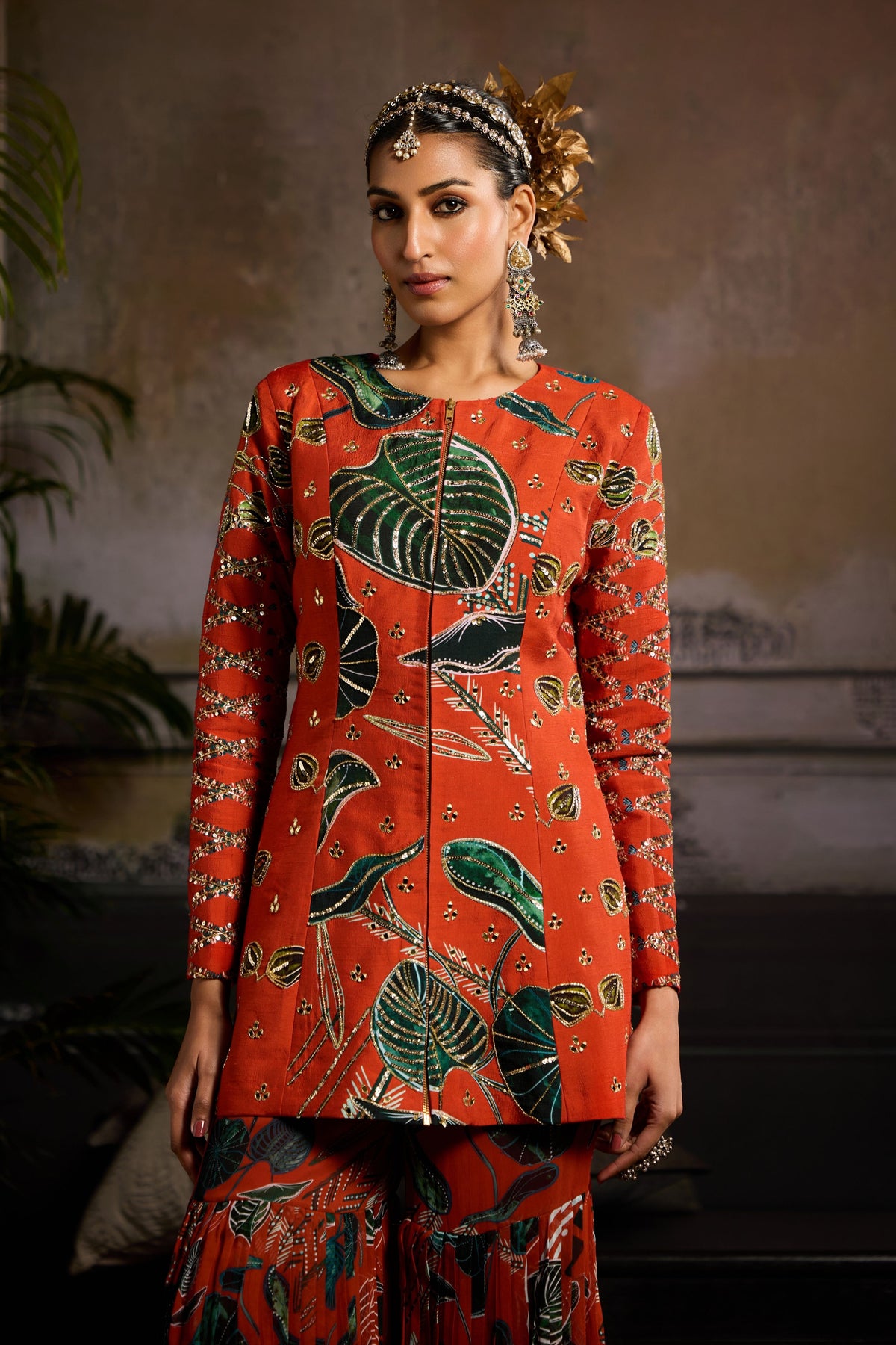 Rust Printed Jacket Set