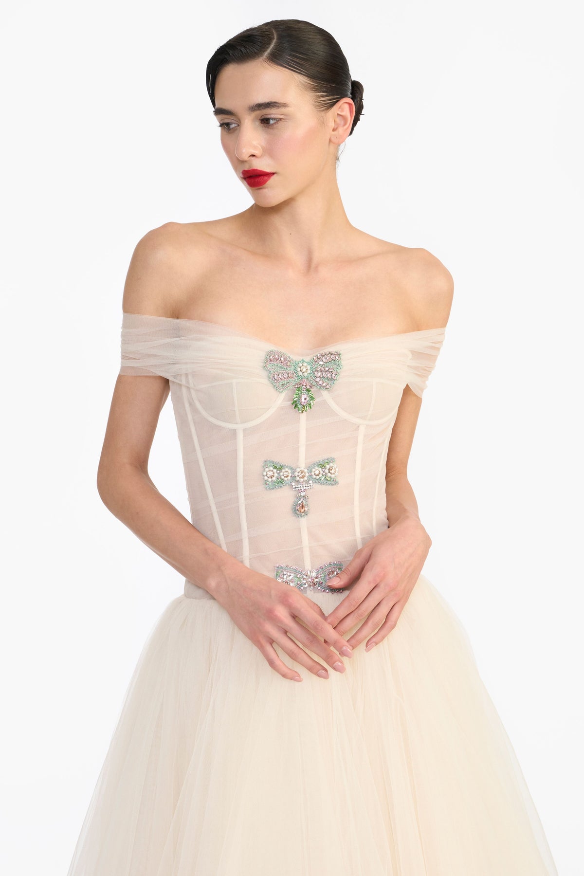 Off Shoulder Crystal Bow Midi