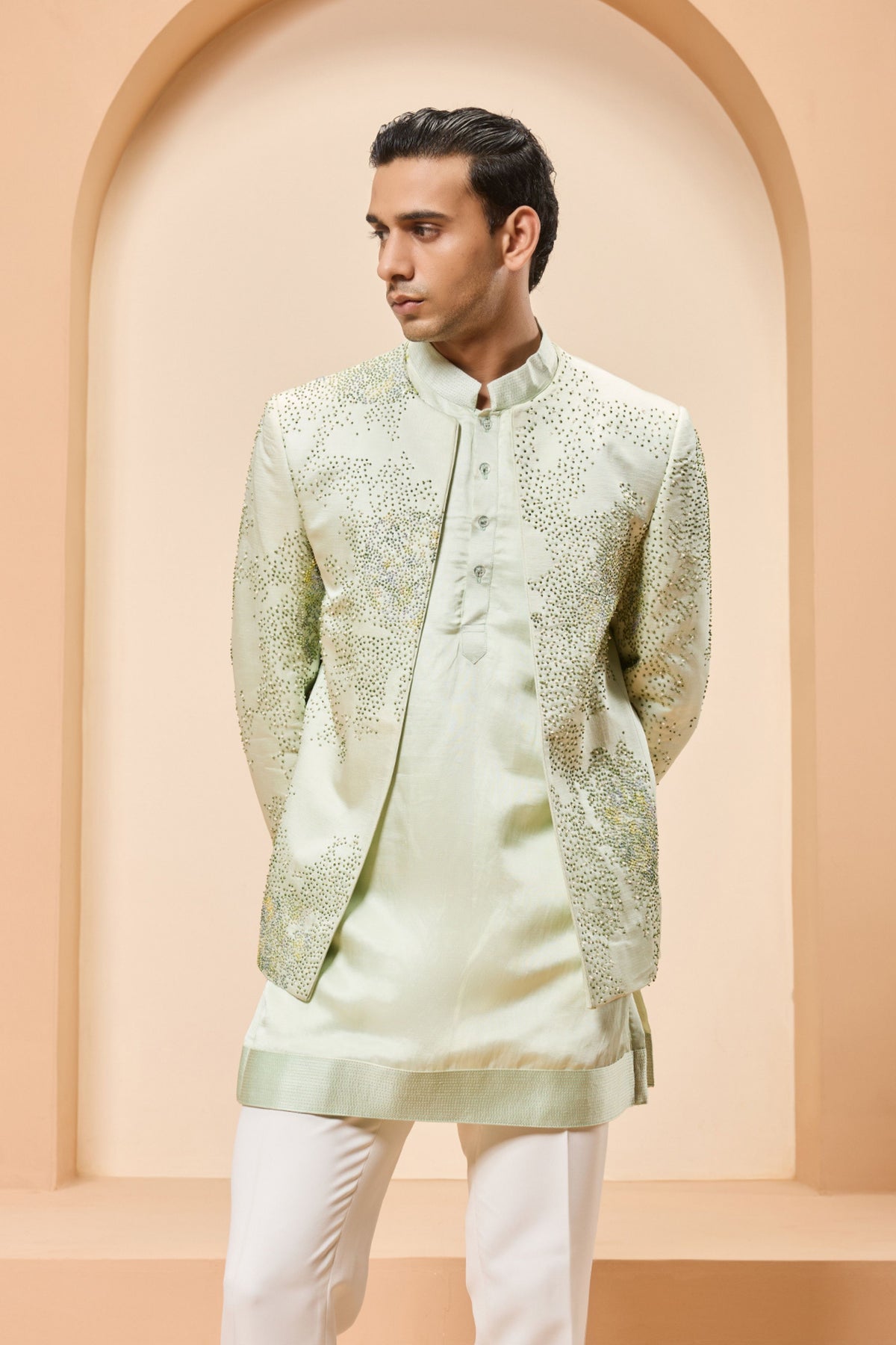Green Pearl Open Bandhgala Set