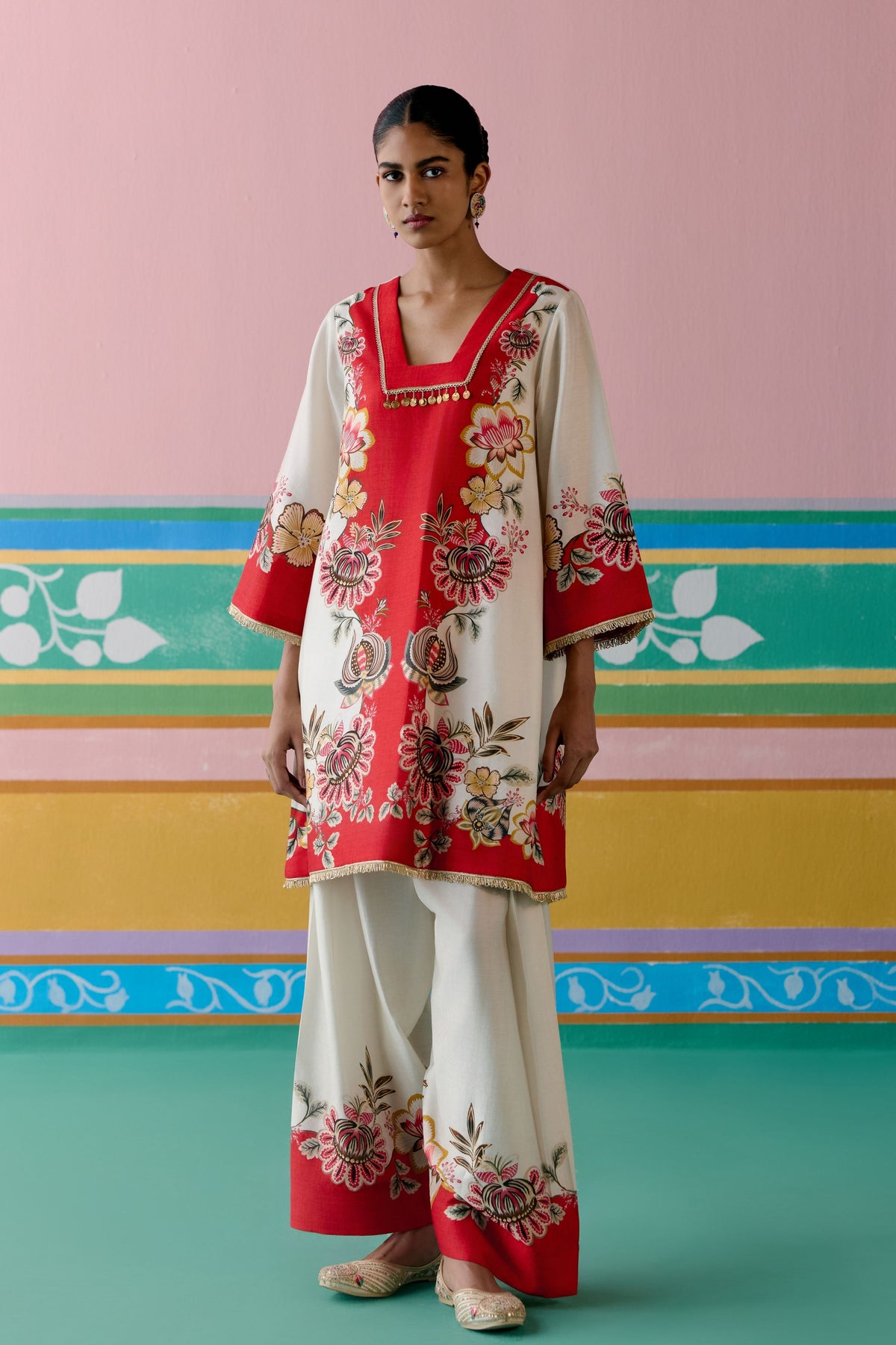 Ecru Red Floral Kurta Set