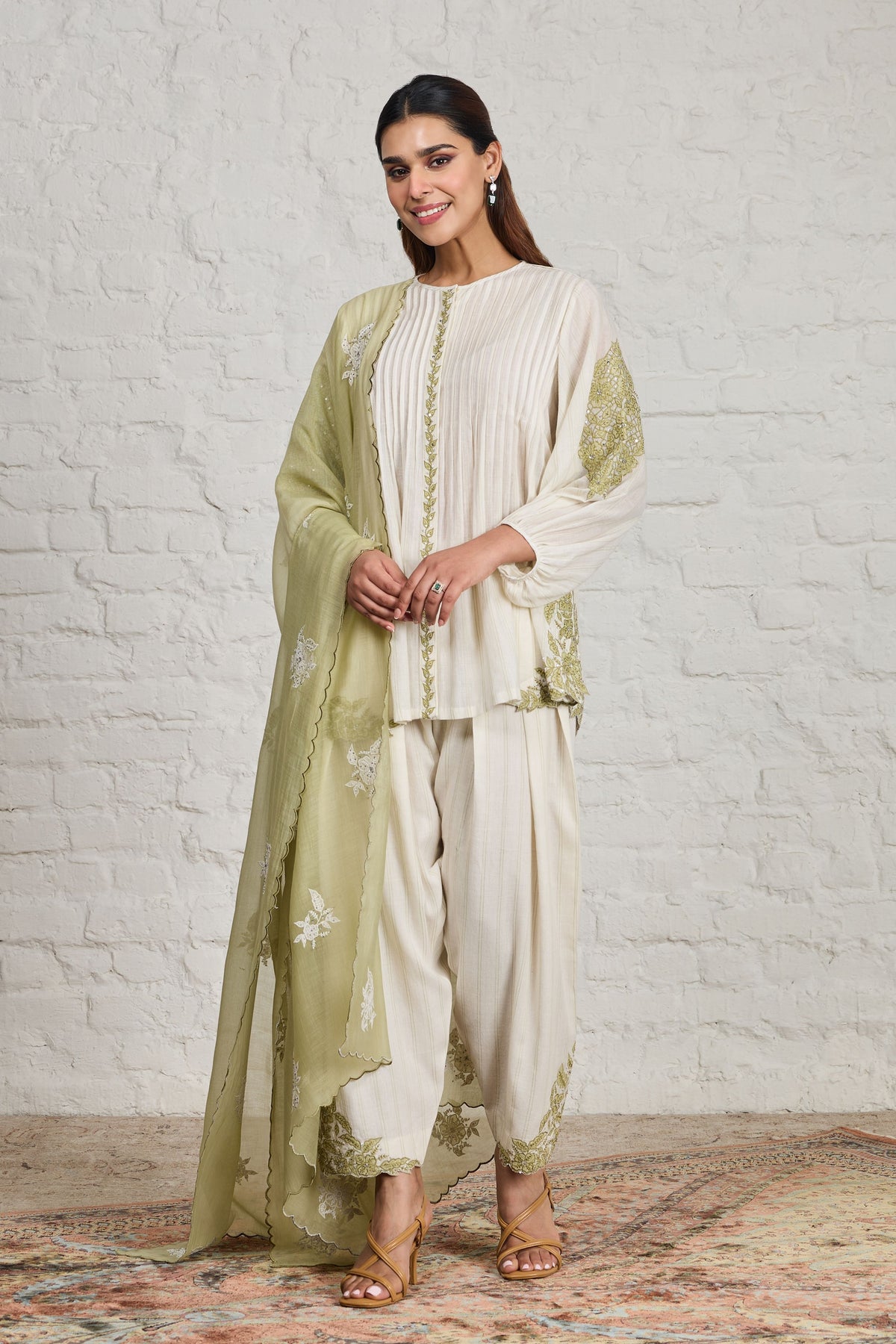 Letty Green Off-white Short Kurta Set