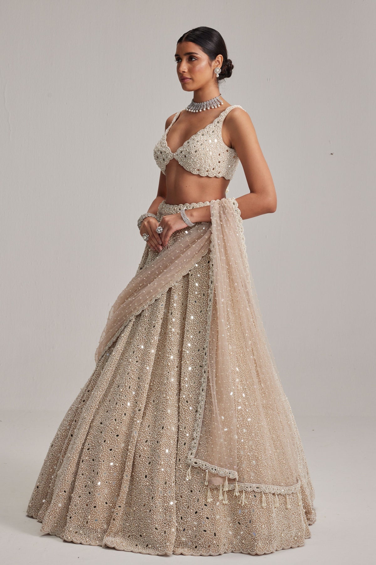 Light Beige Mirror and Pearl Lehenga Set