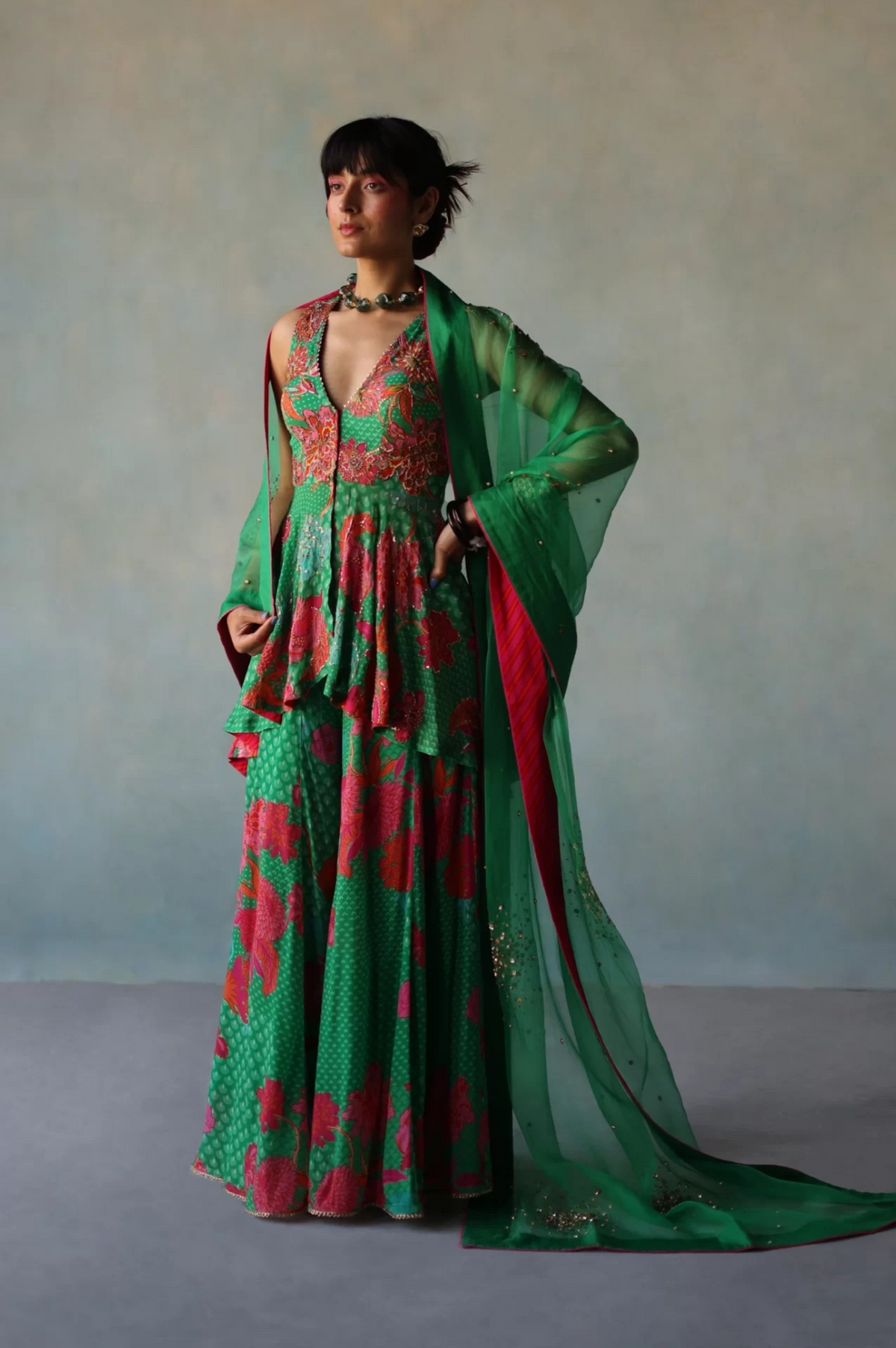  Gul Green Crepe Peplum Sharara Set