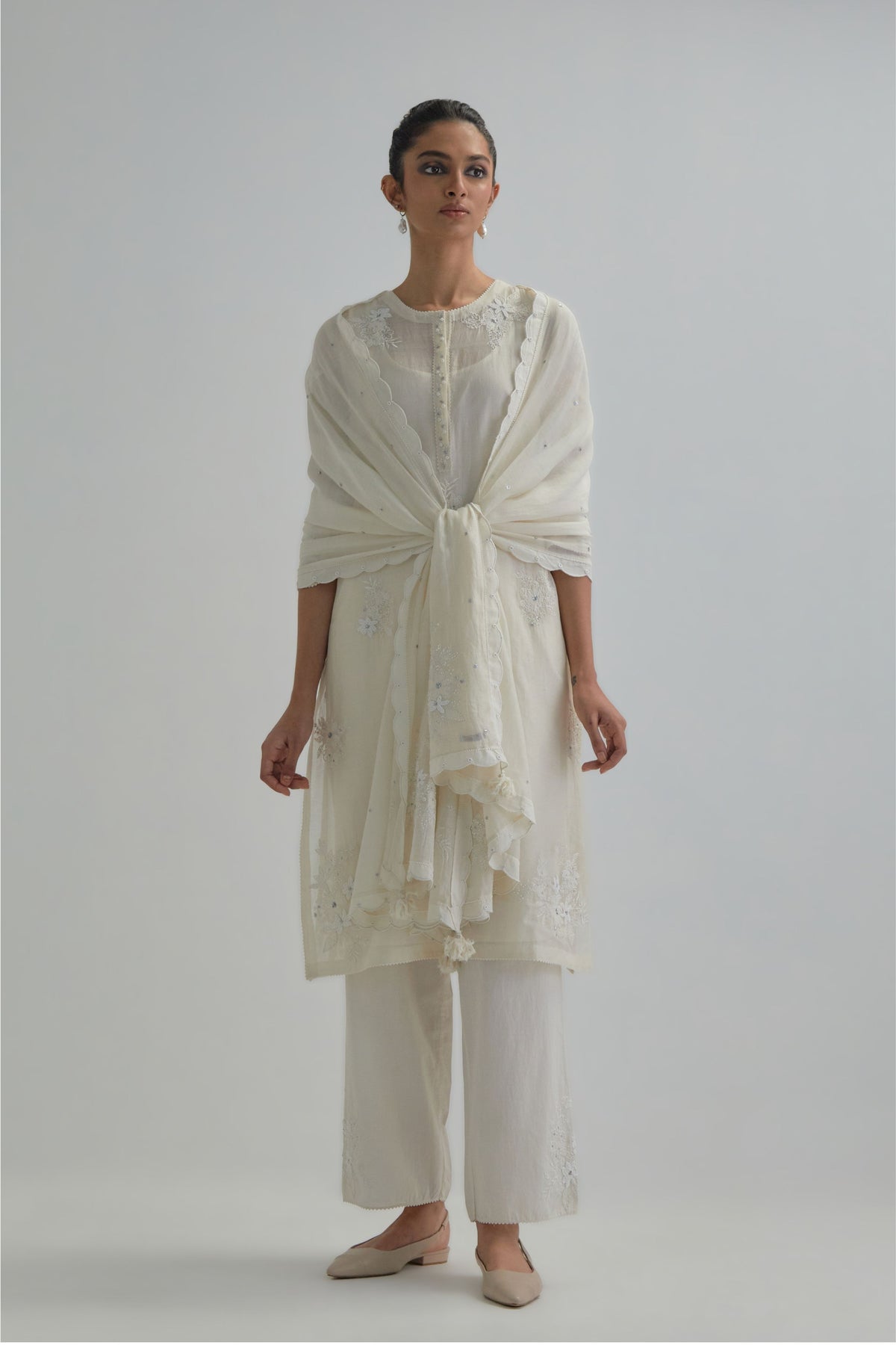 Off White Beaded Kurta And Pants
