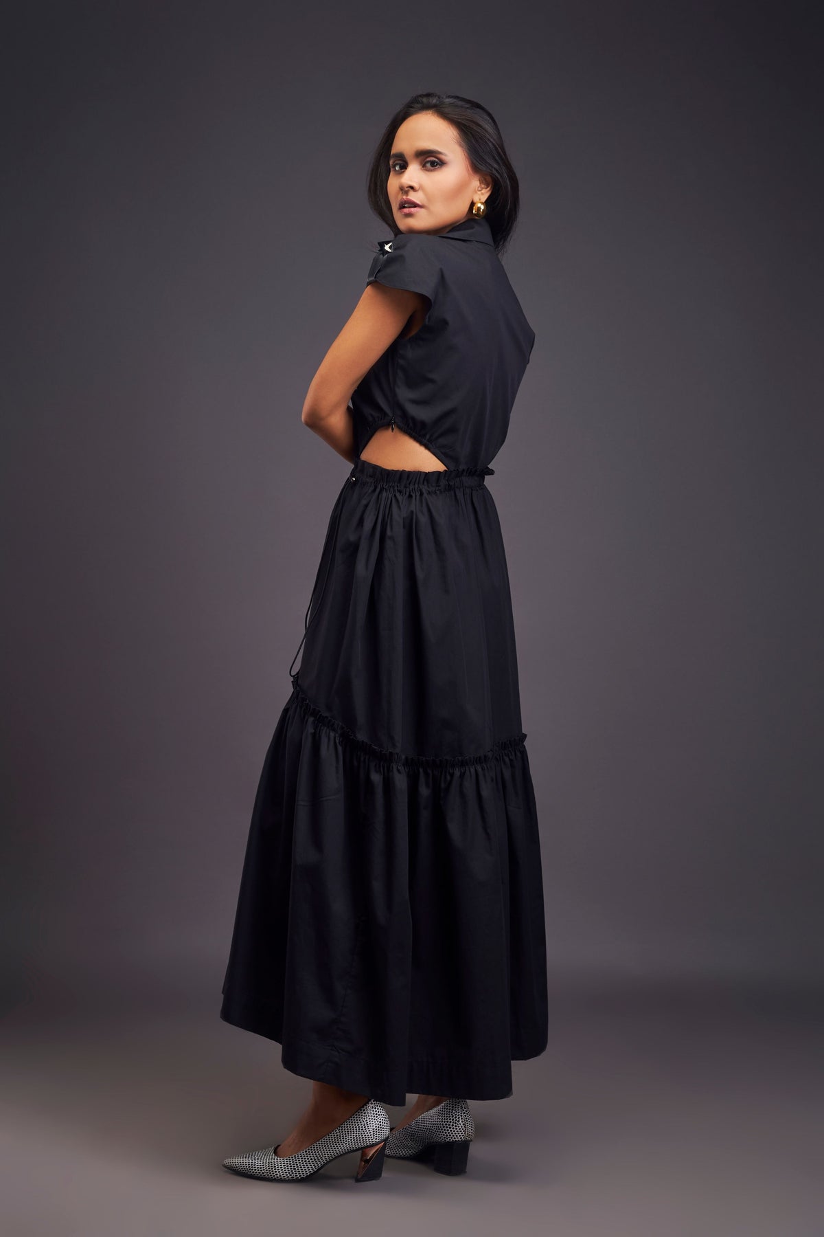 Lapel Collar Black Long Dress