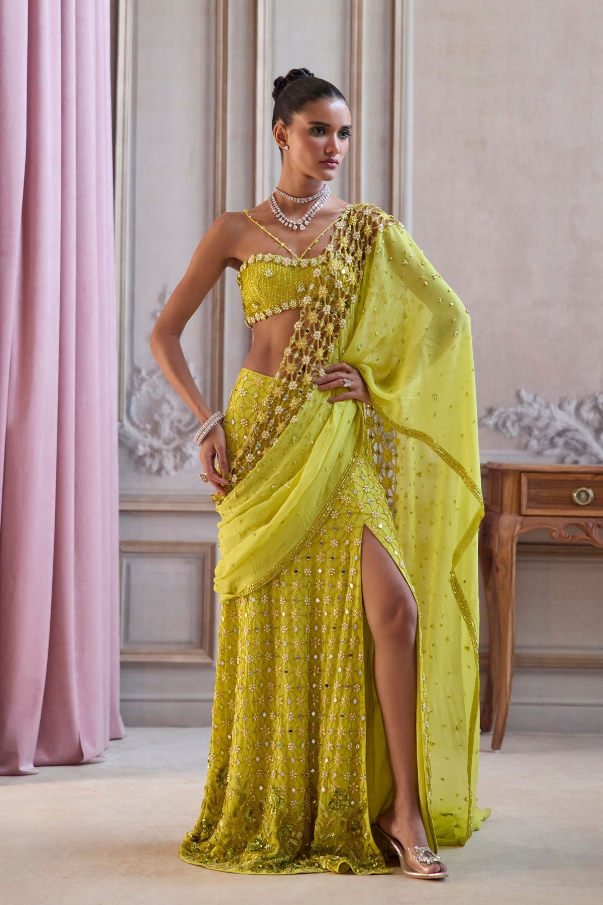 Neon Green Slit Saree Set