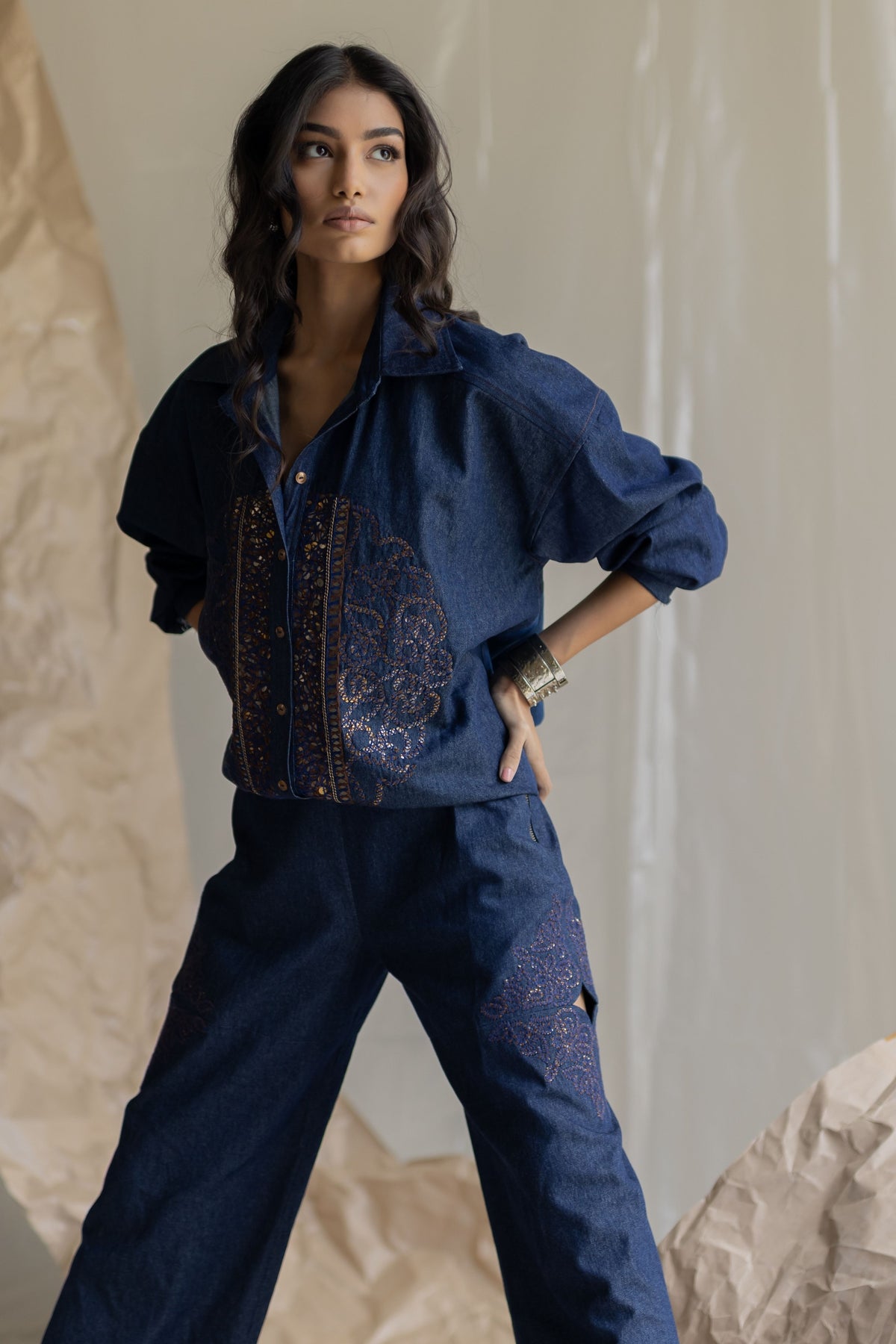 Side Cut Embroidered Denim Pant
