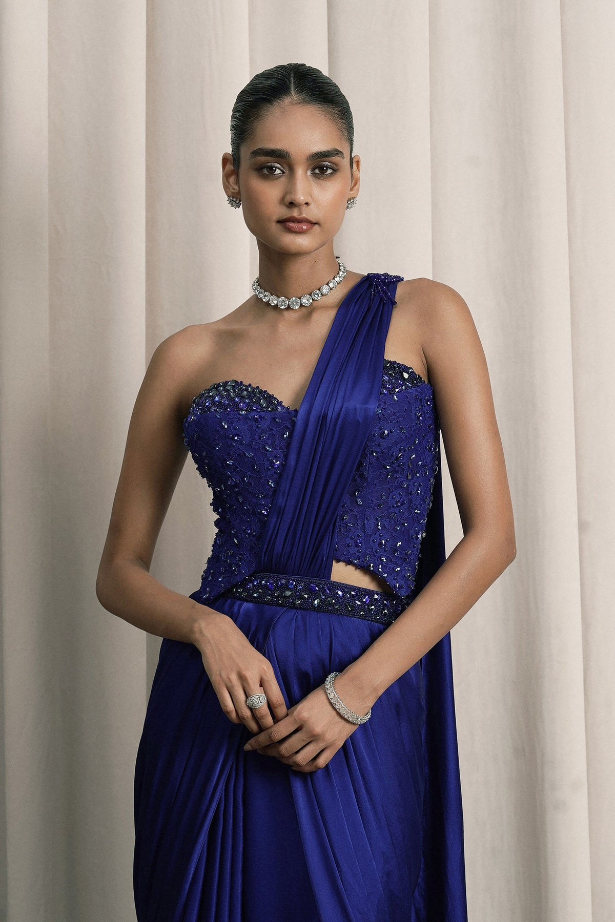 Royal Blue Chantilly Draped Saree Set