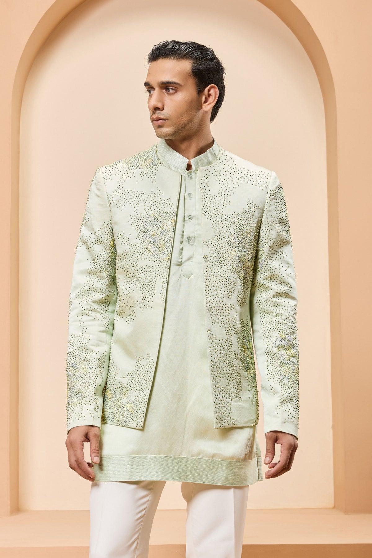 Green Pearl Open Bandhgala Set