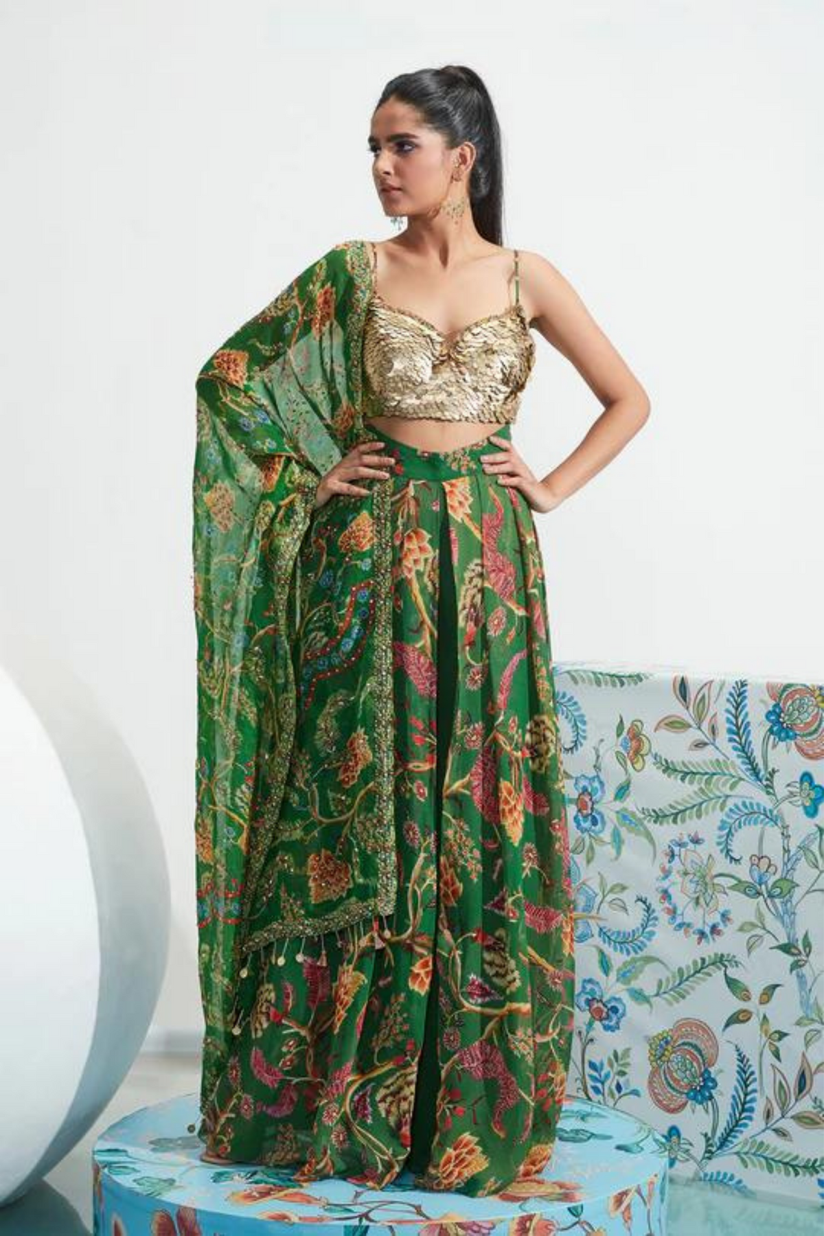 Sahar Green Embroidered Pant Set