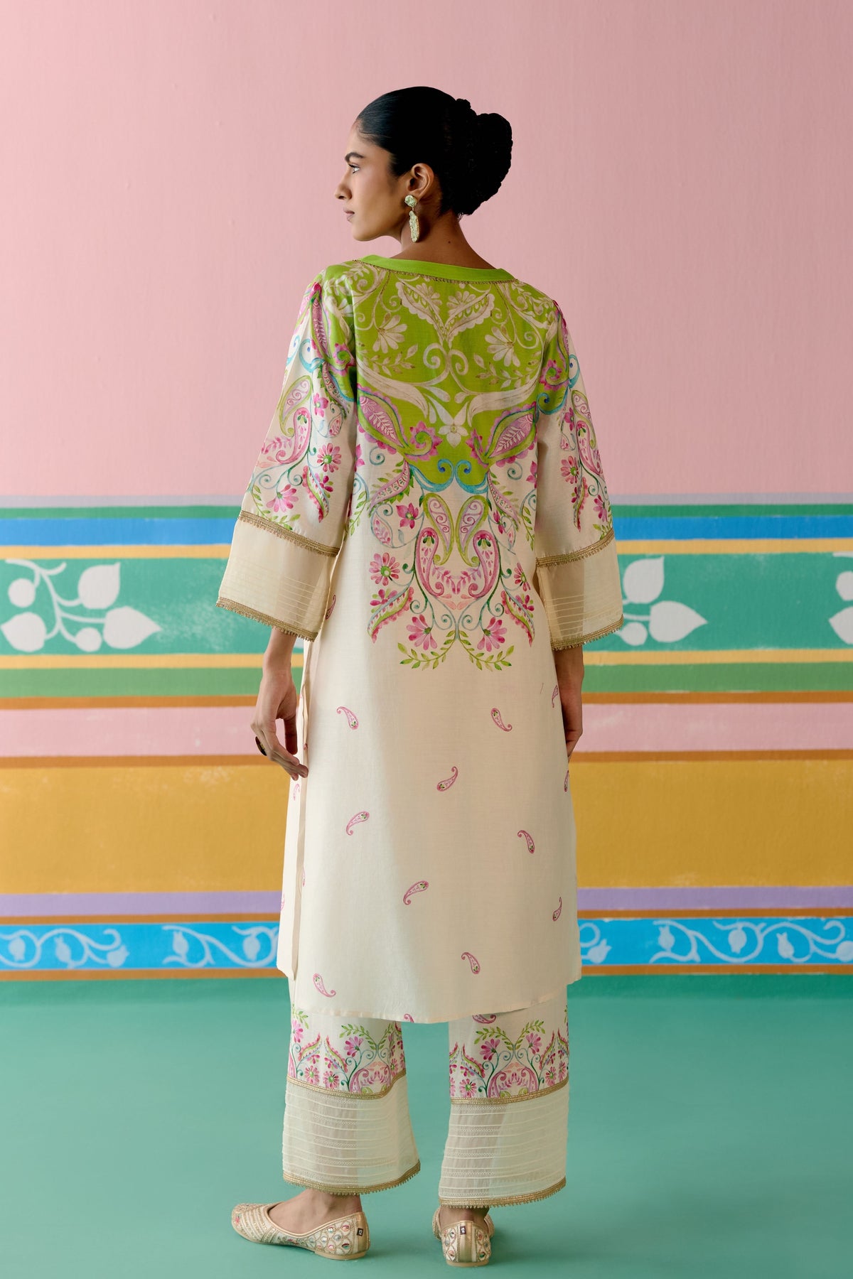 Lime Green Paisley V-neck Kurta Set