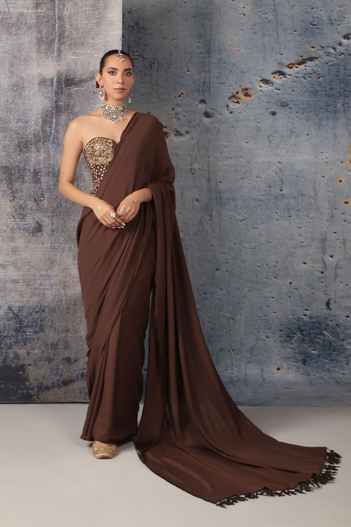 Brown Corset Saree Set