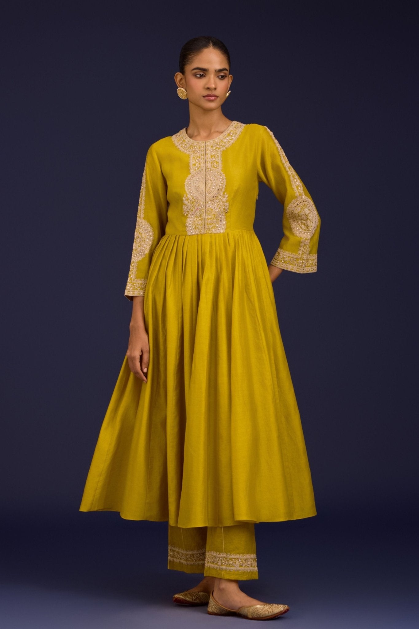 Mustard Silk Embroidered Anarkali Set - Devnaagri - Elahe