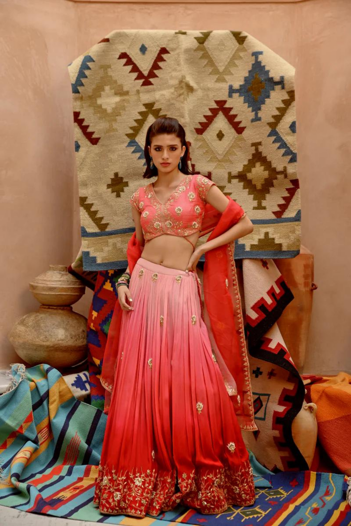 Red and Coral Ombre Lehenga Set