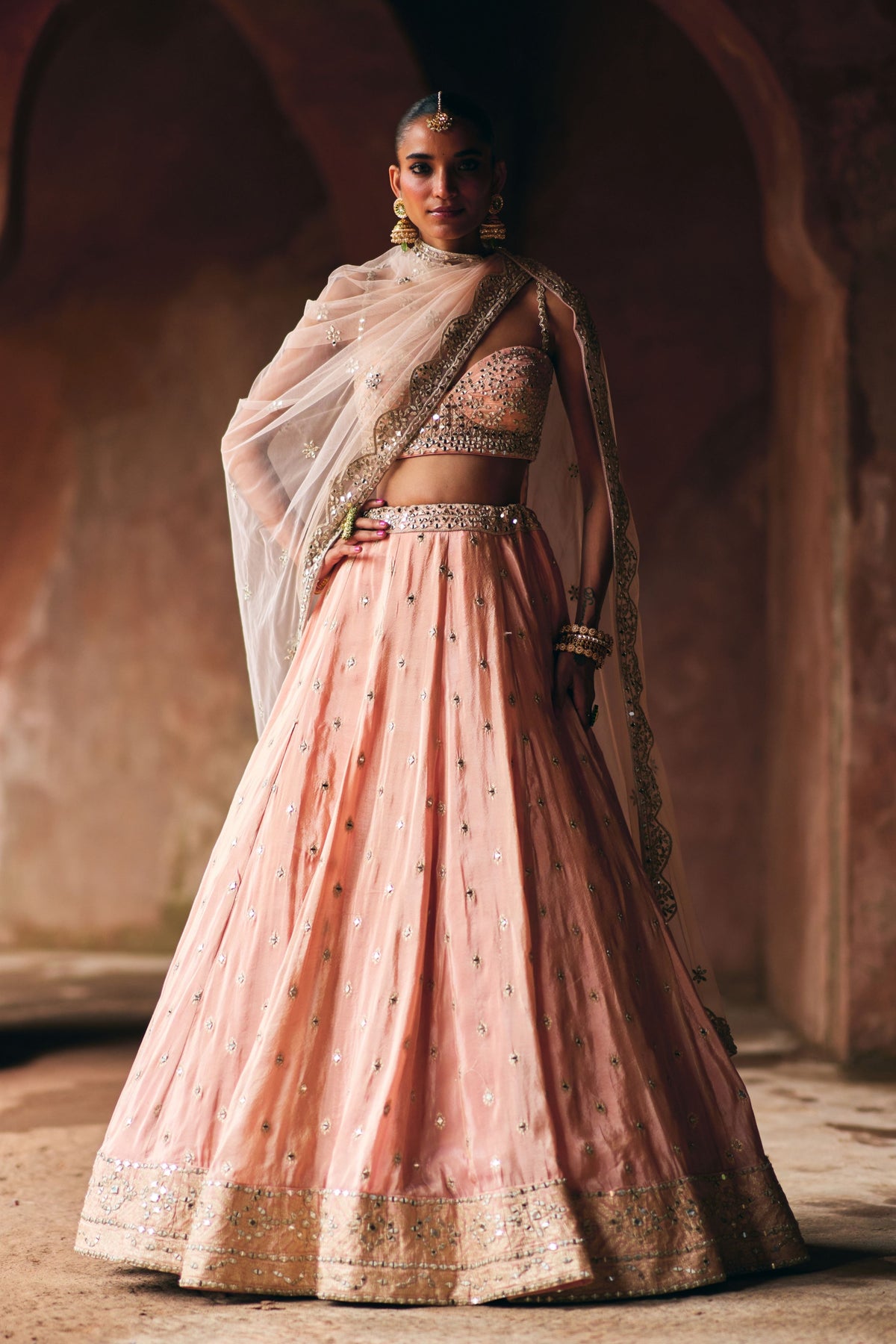 Peach Tissue Lehenga Set