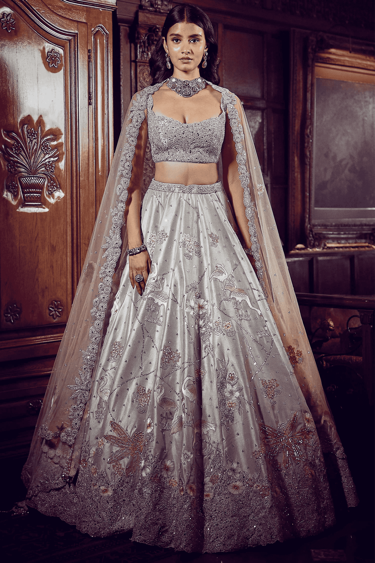 Ice Blue Flamingo Landscape Lehenga Set