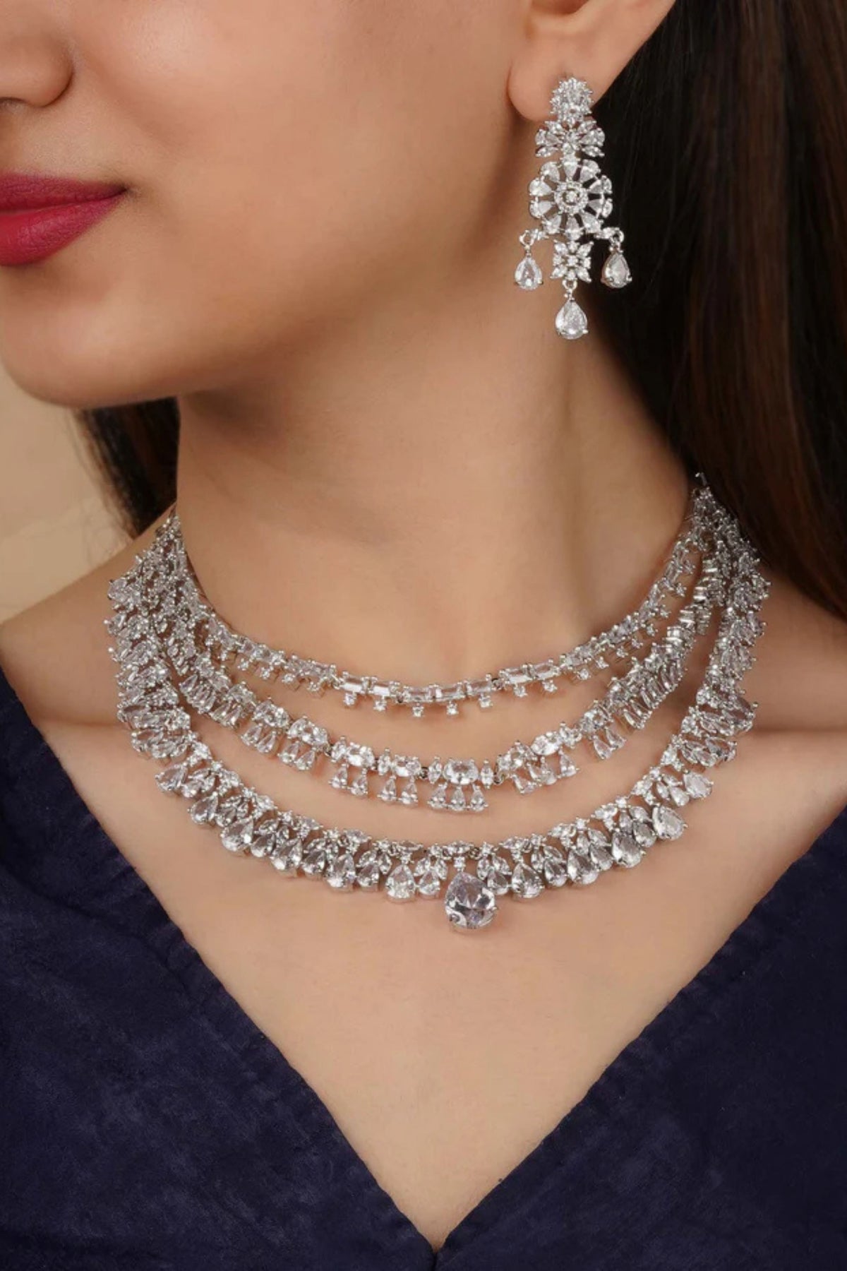 Silver Plated Diamond Necklace Set