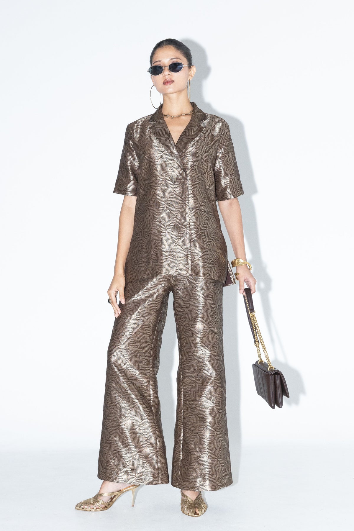 Metallic Brown Wrap Blazer Set