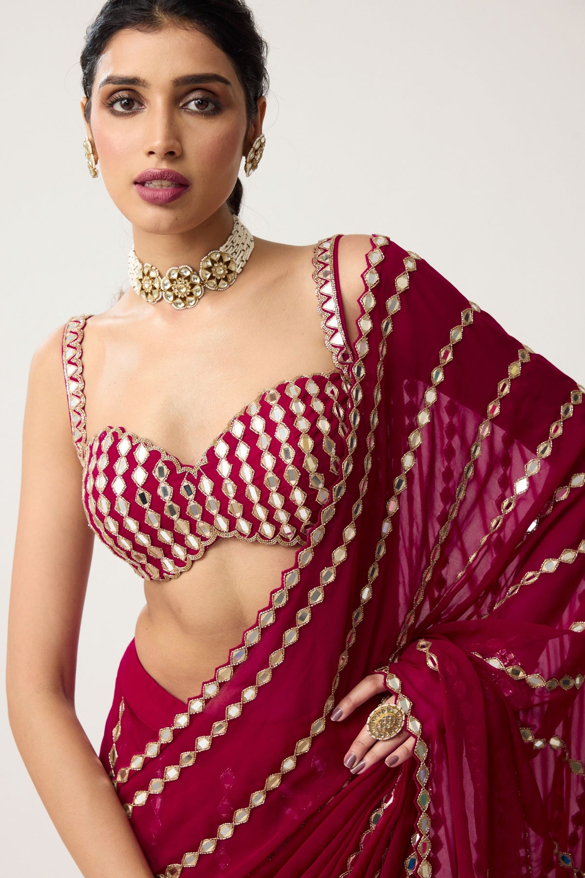 Ruby Red Draped Saree Set